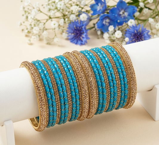 Blue Raindrop & Gold Stone Bangle Set