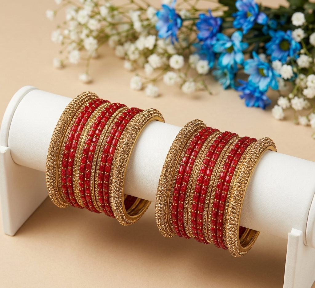 Red Raindrop & Gold Stone Bangle Set