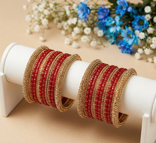 Red Raindrop & Gold Stone Bangle Set