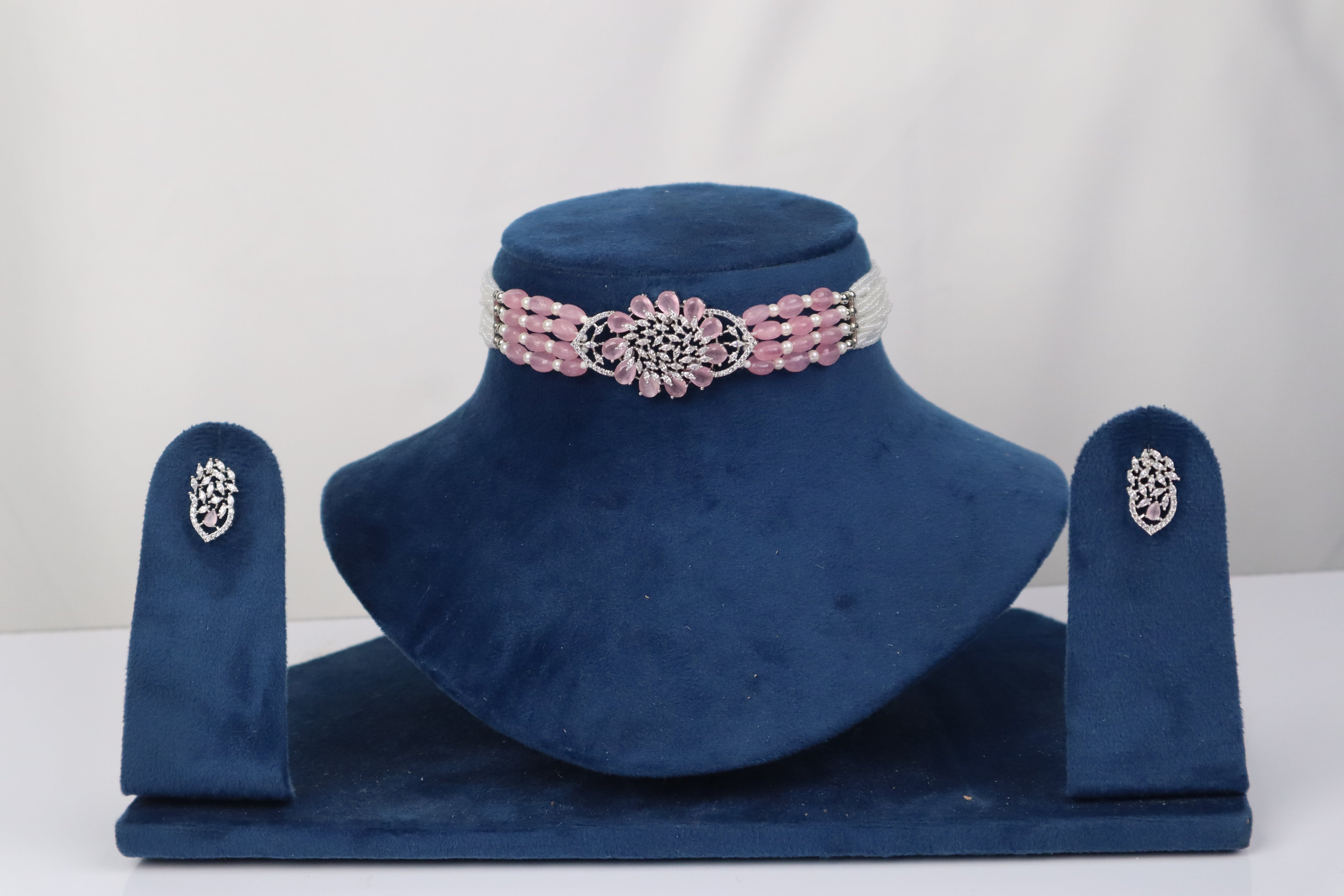 The Rose Quartz Polki & Pearl Beaded Choker Set