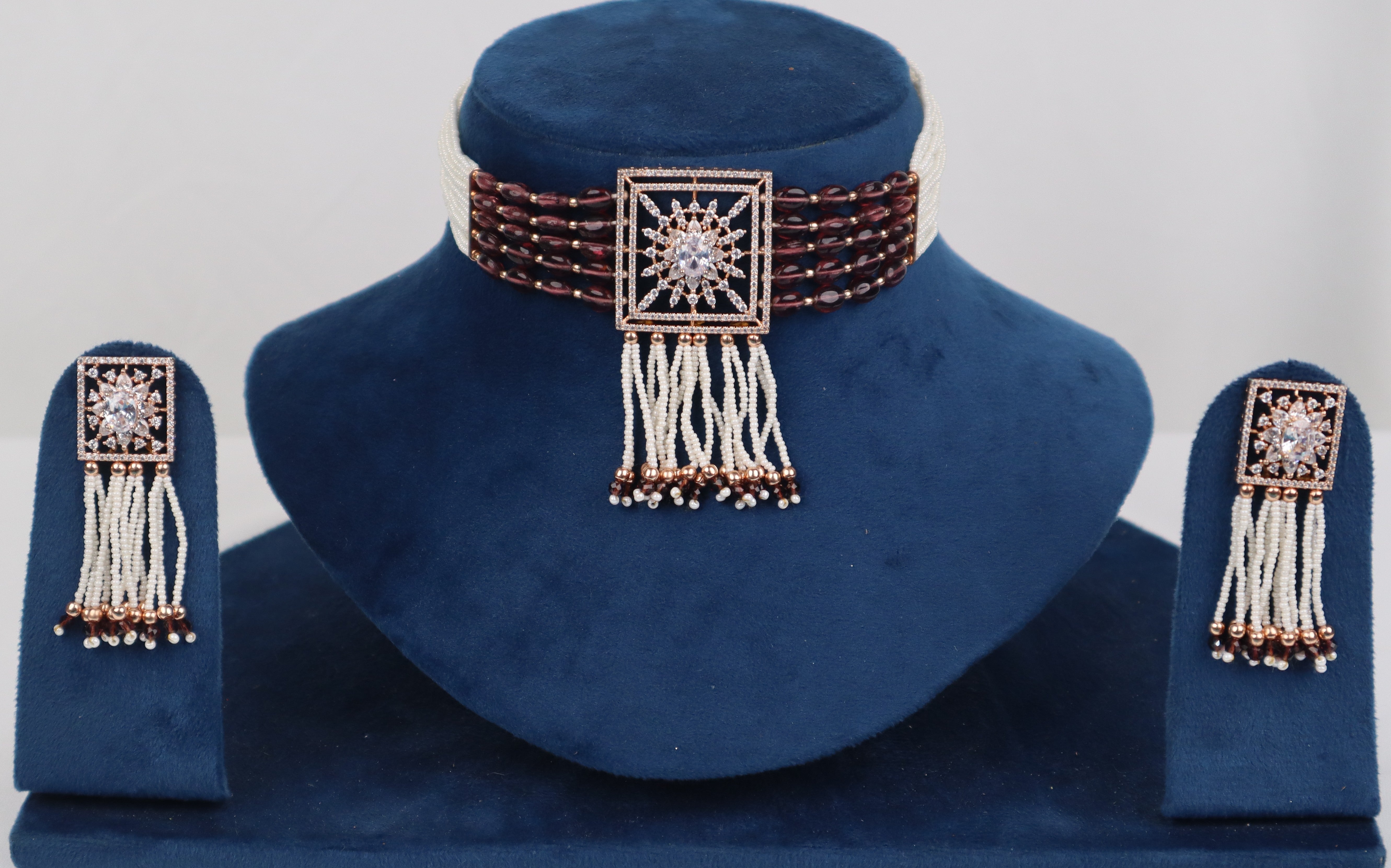 Ethnic Multi-Strand Maroon & Pearl Choker Necklace Set