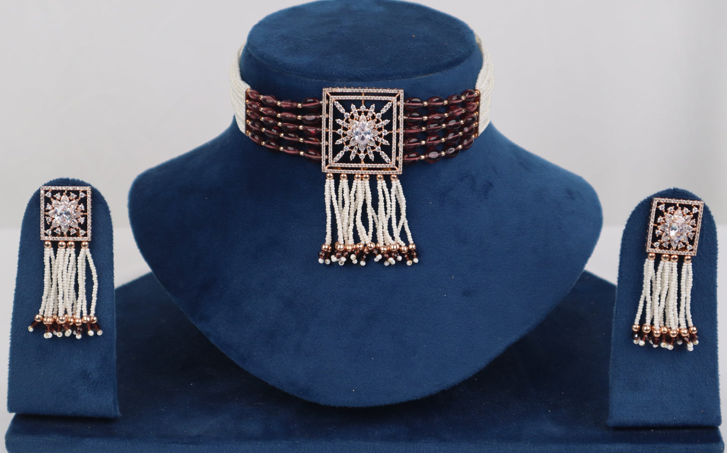 Ethnic Multi-Strand Maroon & Pearl Choker Necklace Set