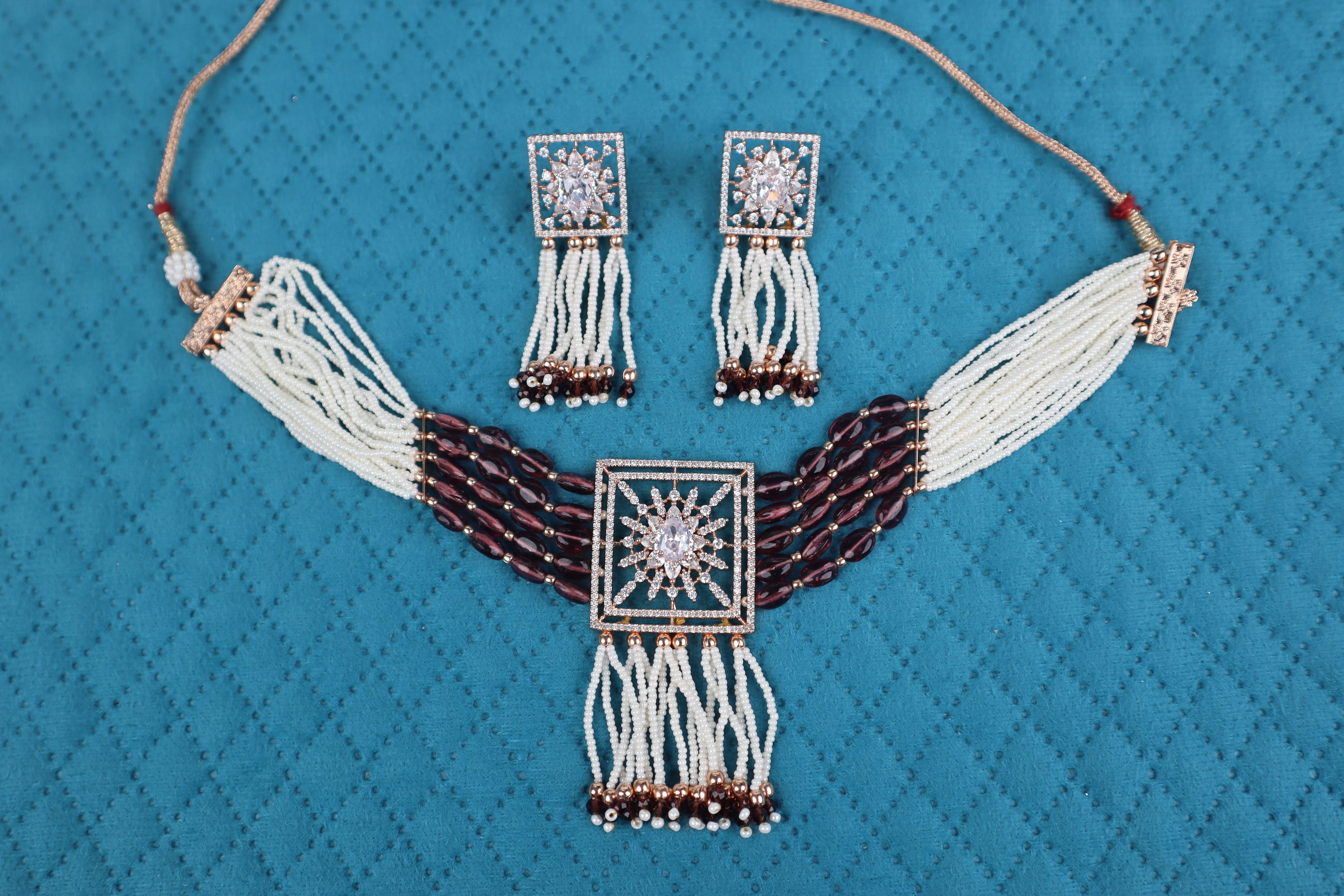 Ethnic Multi-Strand Maroon & Pearl Choker Necklace Set