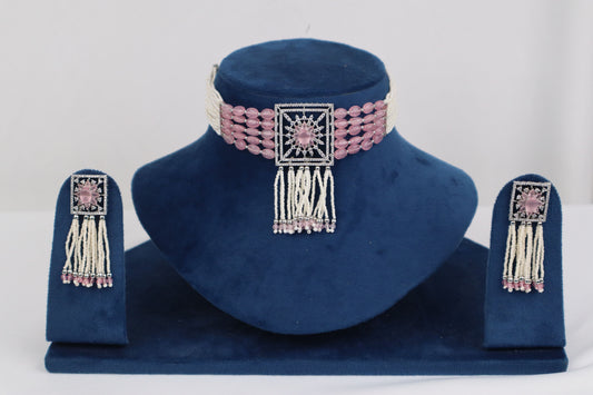 Elegant Pink Quartz-Tone Beaded Choker Necklace Set