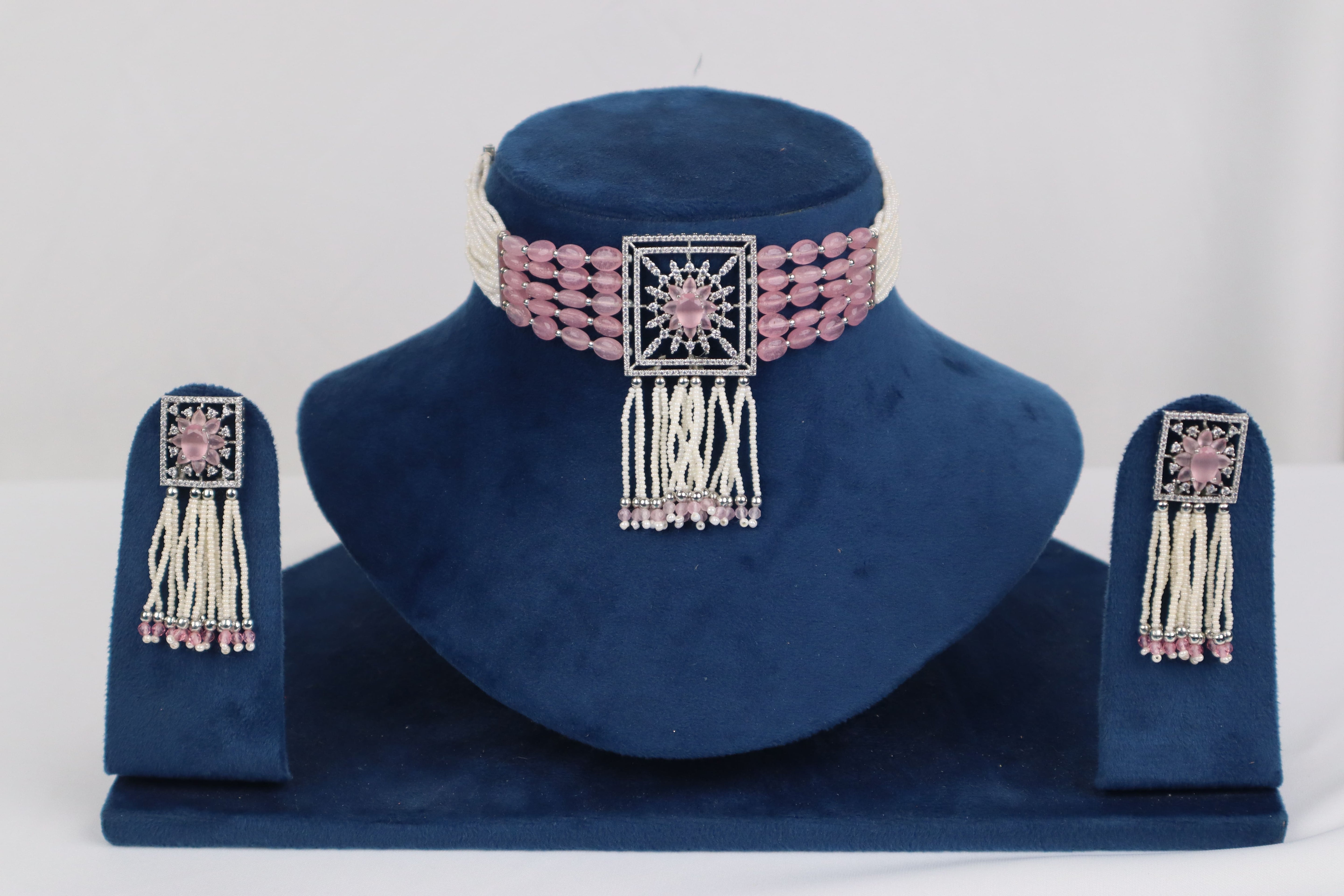 Elegant Pink Quartz-Tone Beaded Choker Necklace Set