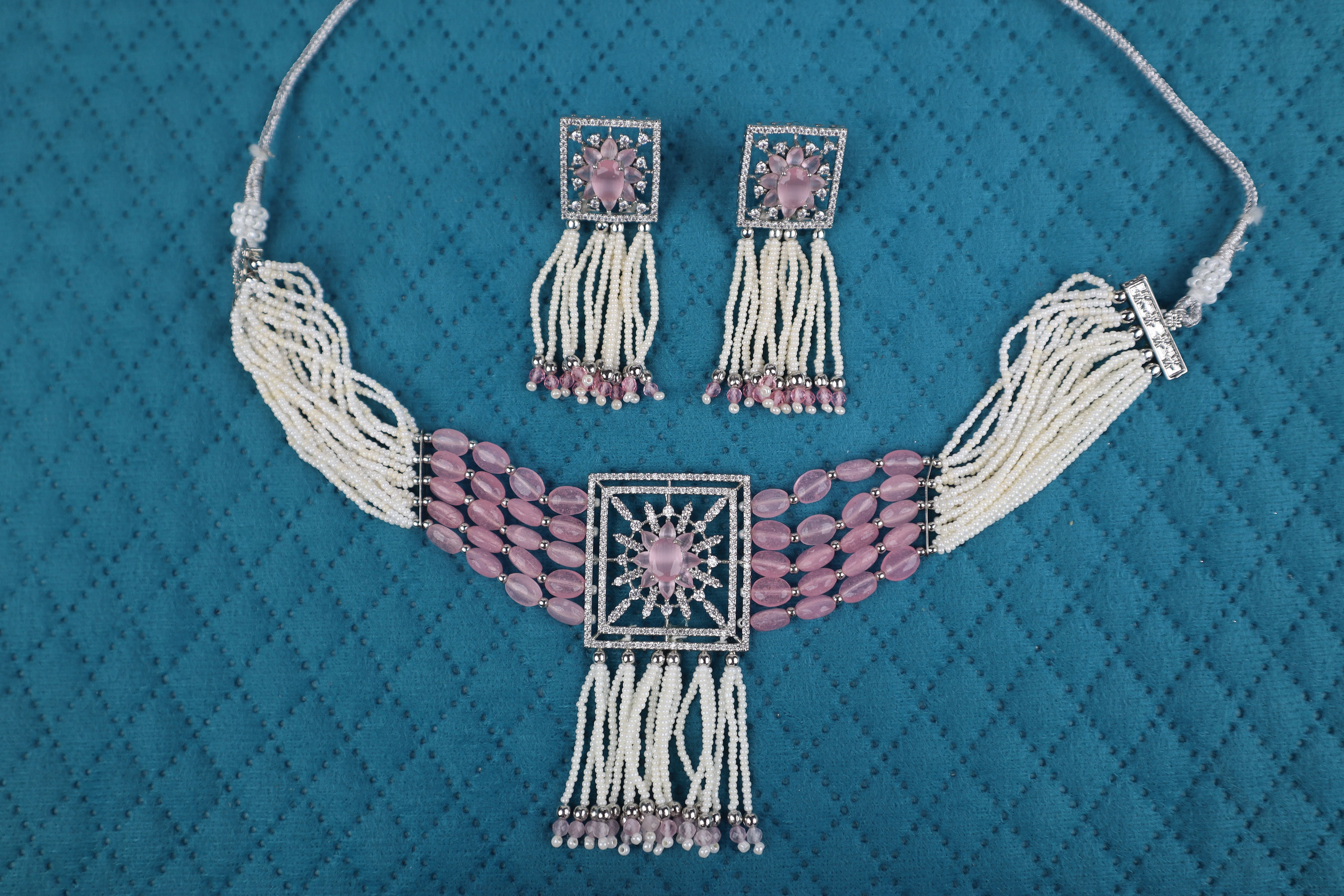 Elegant Pink Quartz-Tone Beaded Choker Necklace Set