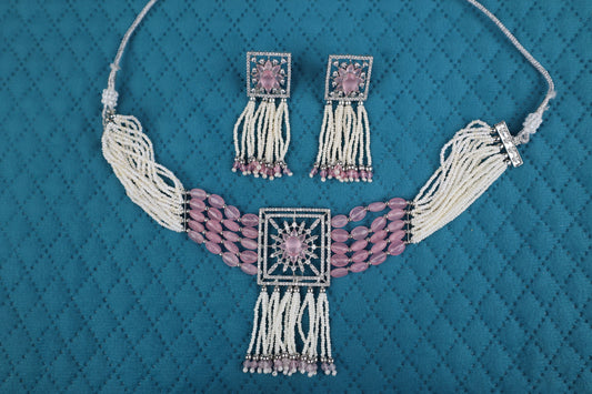 Elegant Pink Quartz-Tone Beaded Choker Necklace Set