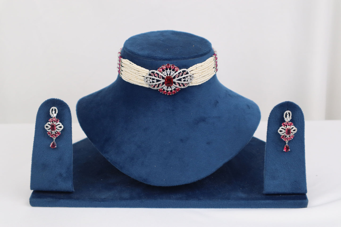 Regal Ruby Red & Pearl Choker Necklace Set