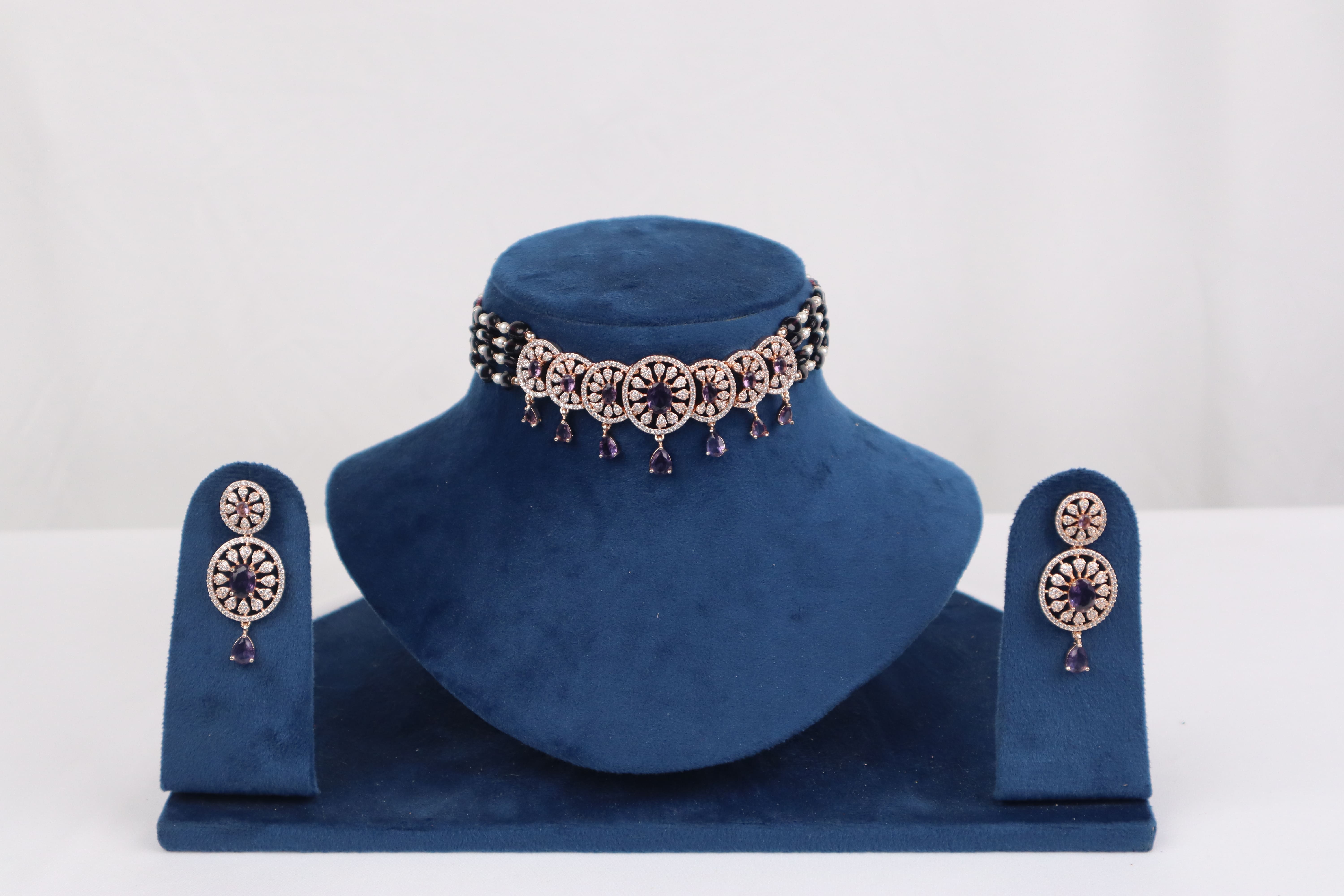 Regal Amethyst Purple & Pearl Circular Medallion Choker Set