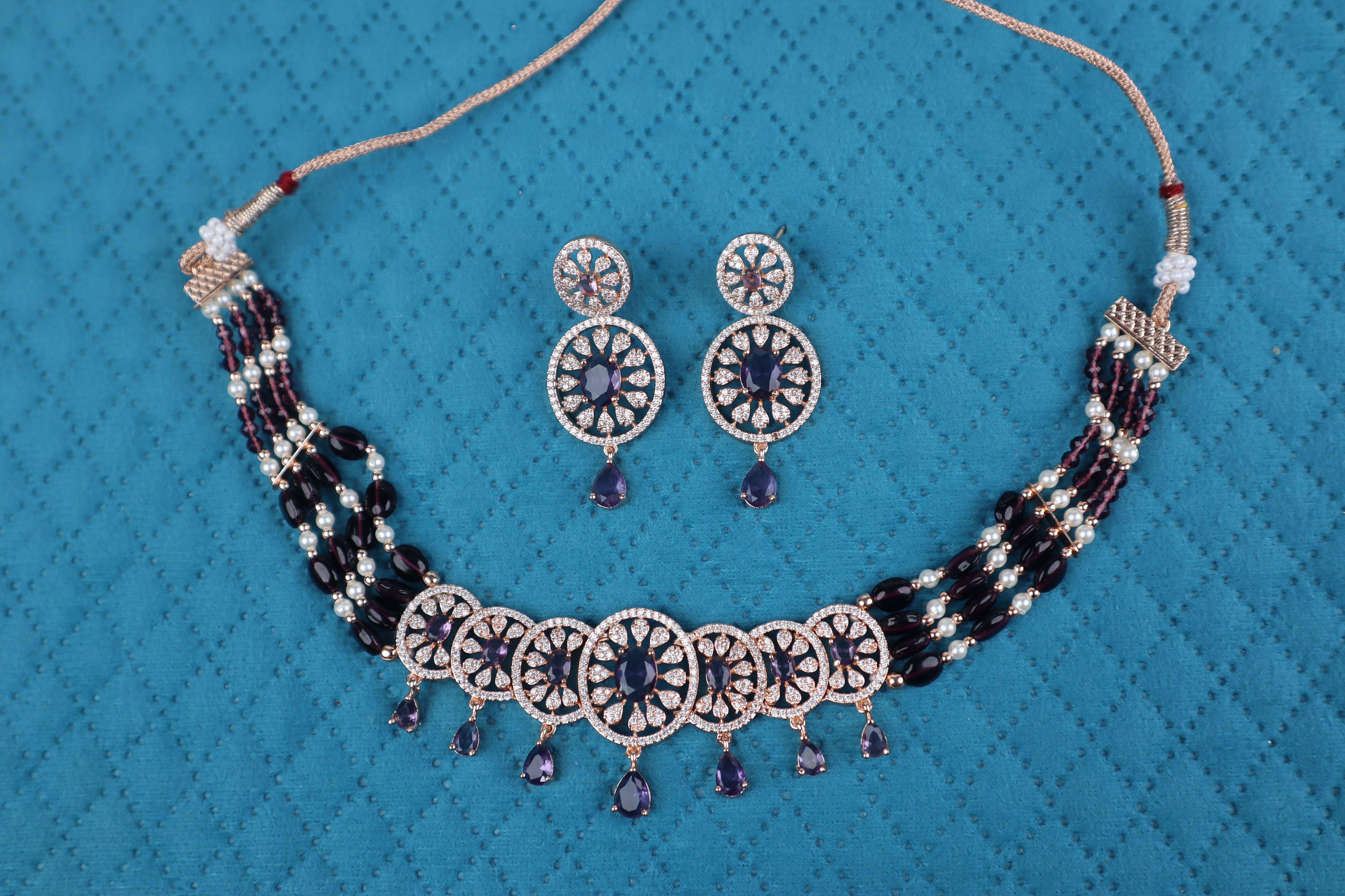 Regal Amethyst Purple & Pearl Circular Medallion Choker Set