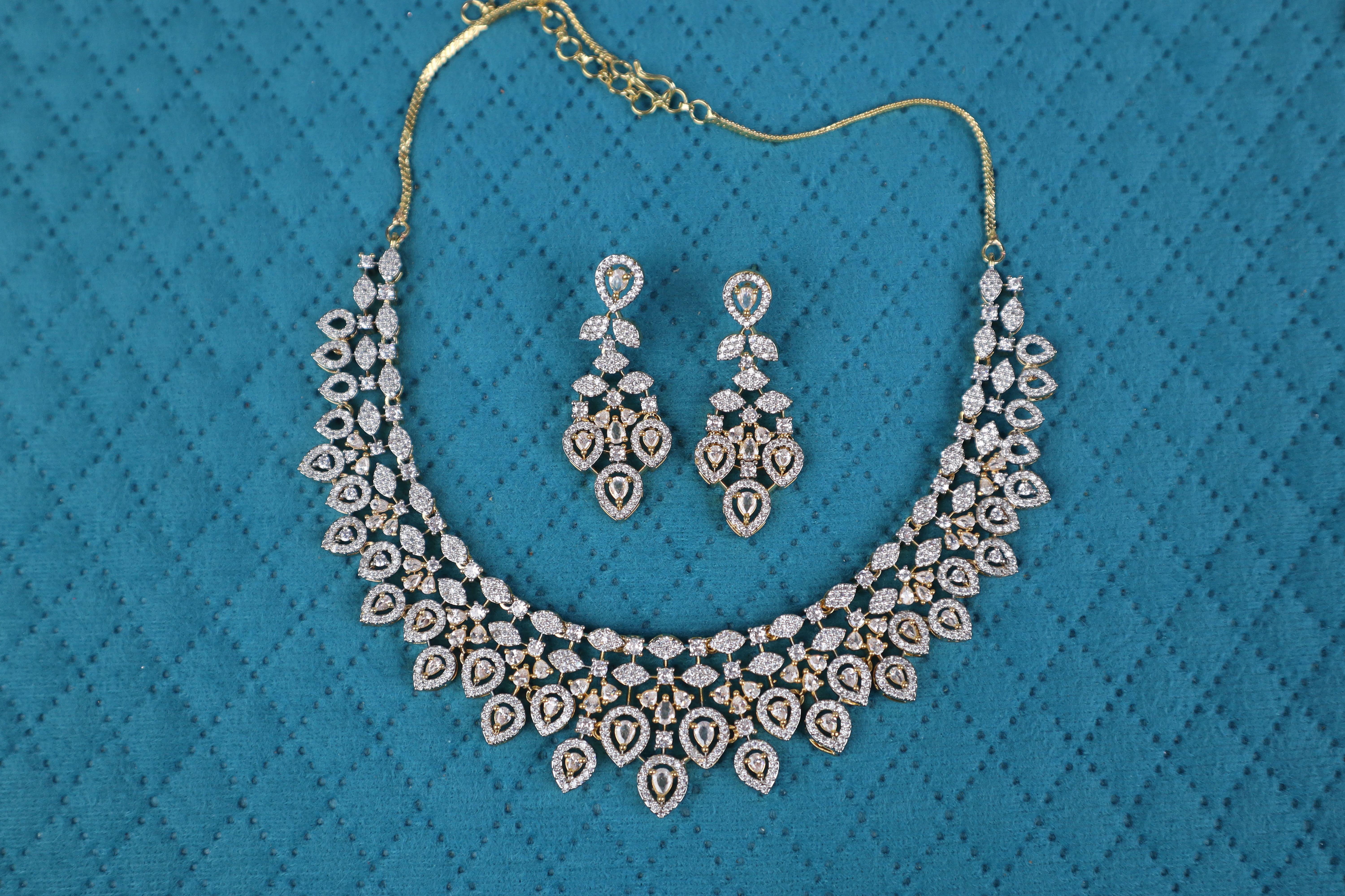 Bridal Pave CZ Petal Fringe Necklace Set (Two-Tone Finish)
