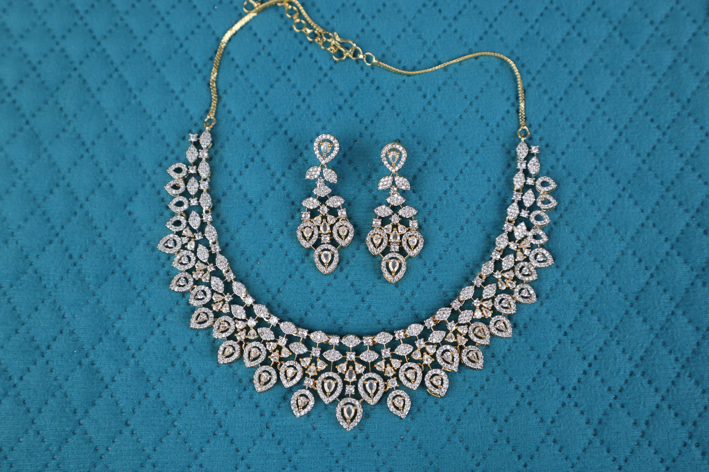 Bridal Pave CZ Petal Fringe Necklace Set (Two-Tone Finish)