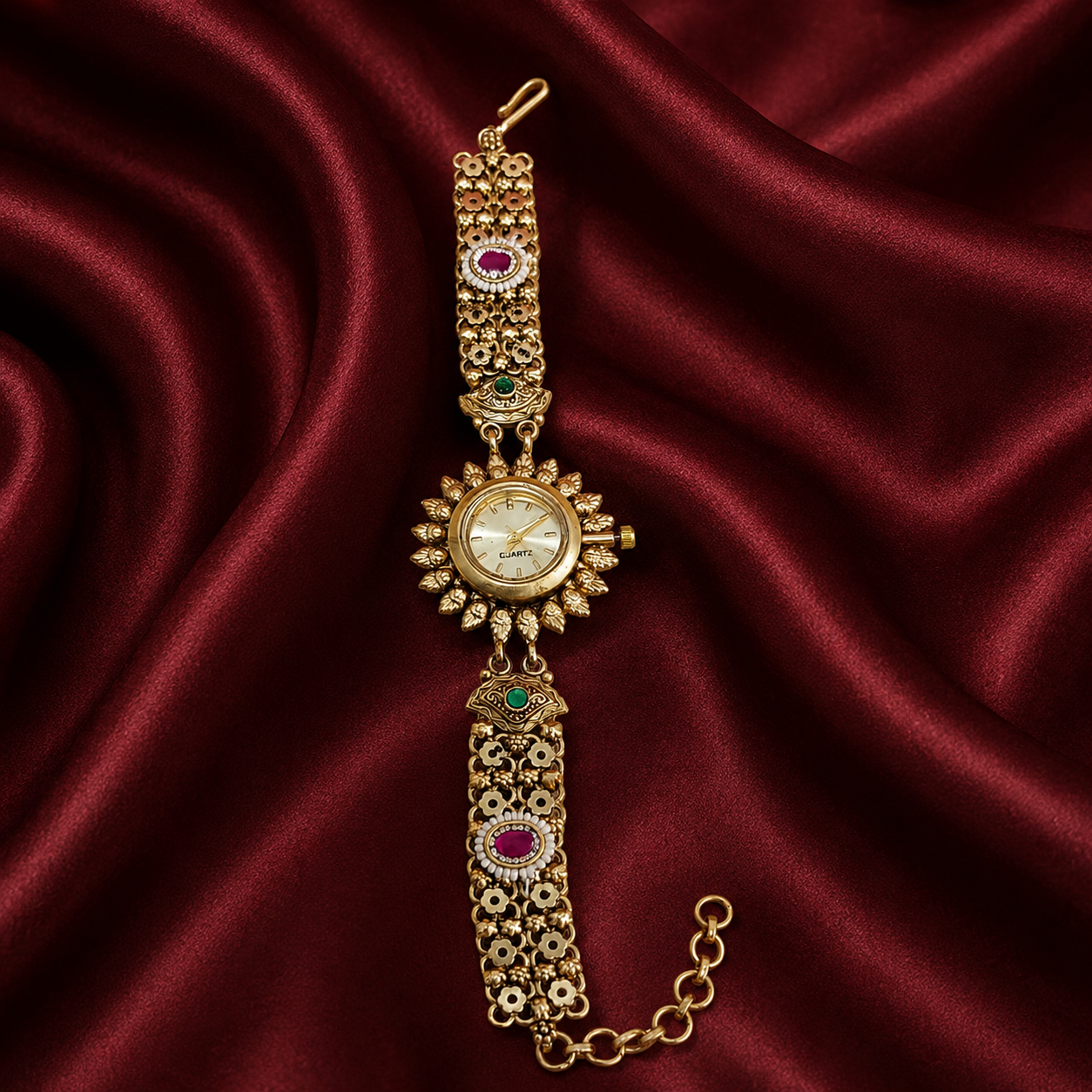 Kundan Cross Ruby Bridal Watch