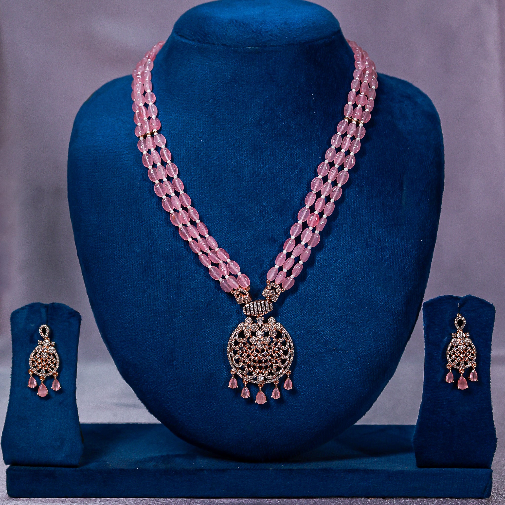 Rose Quartz-Tone Beaded Necklace Set