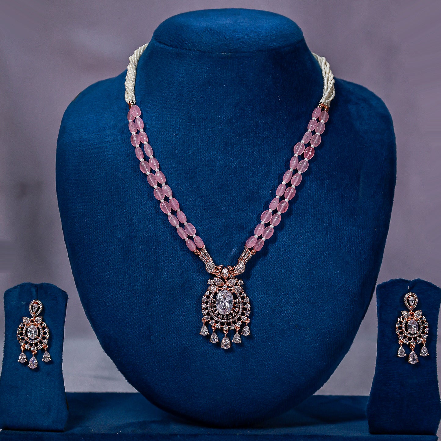 Elegant Pink Quartz Beaded Necklace Set