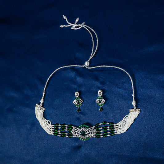 Regal Emerald Green & Pearl Choker Necklace Set
