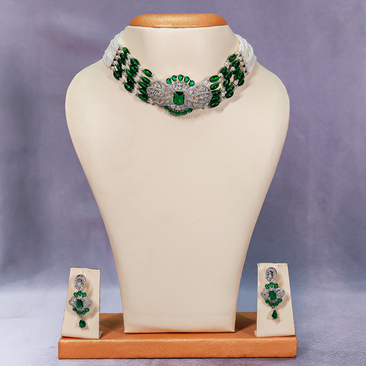 Regal Emerald Green & Pearl Choker Necklace Set
