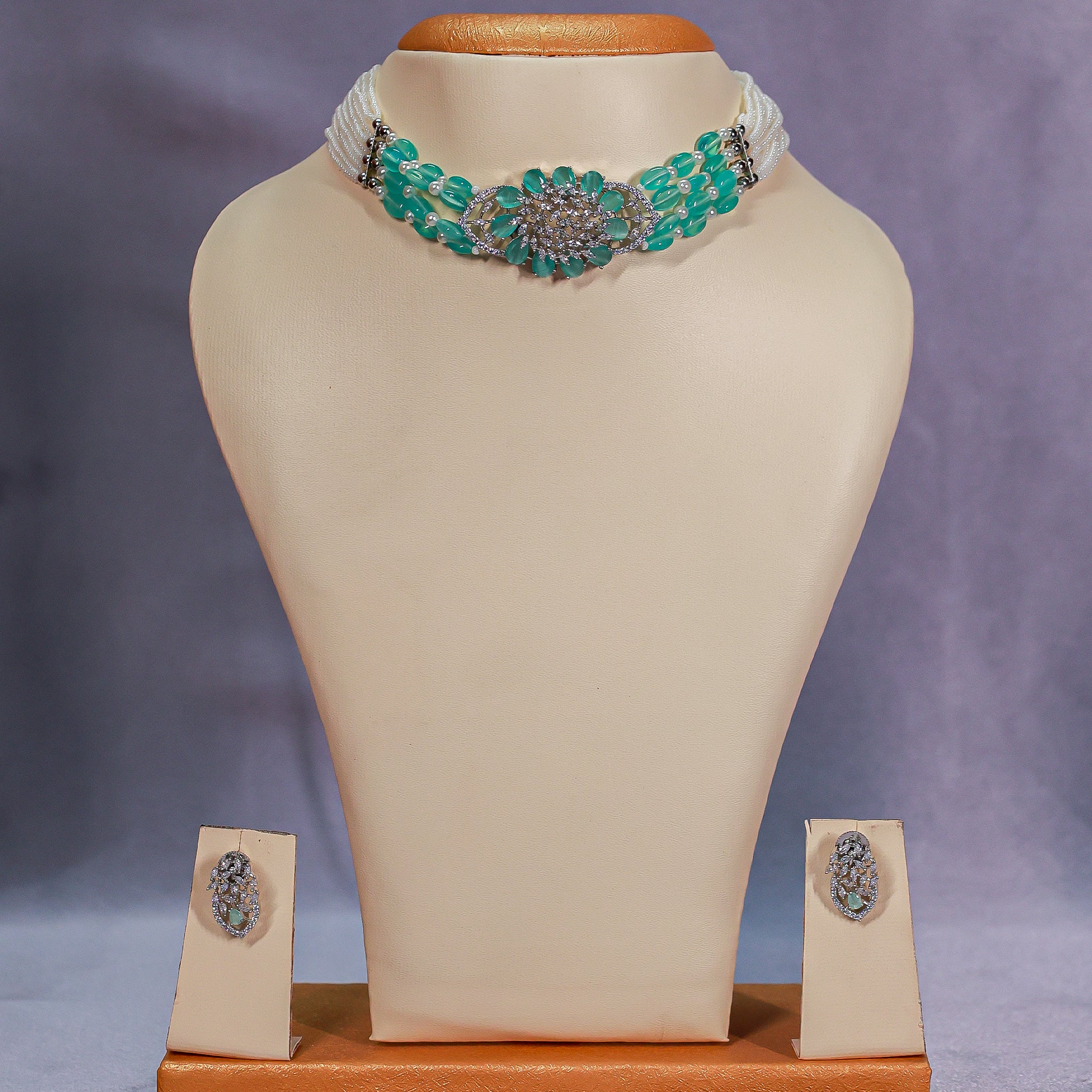 The Elegant Aqua Polki & Pearl Beaded Choker Set