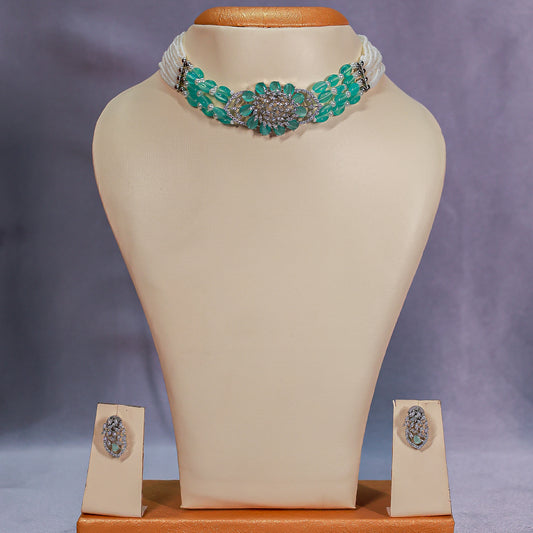 The Elegant Aqua Polki & Pearl Beaded Choker Set