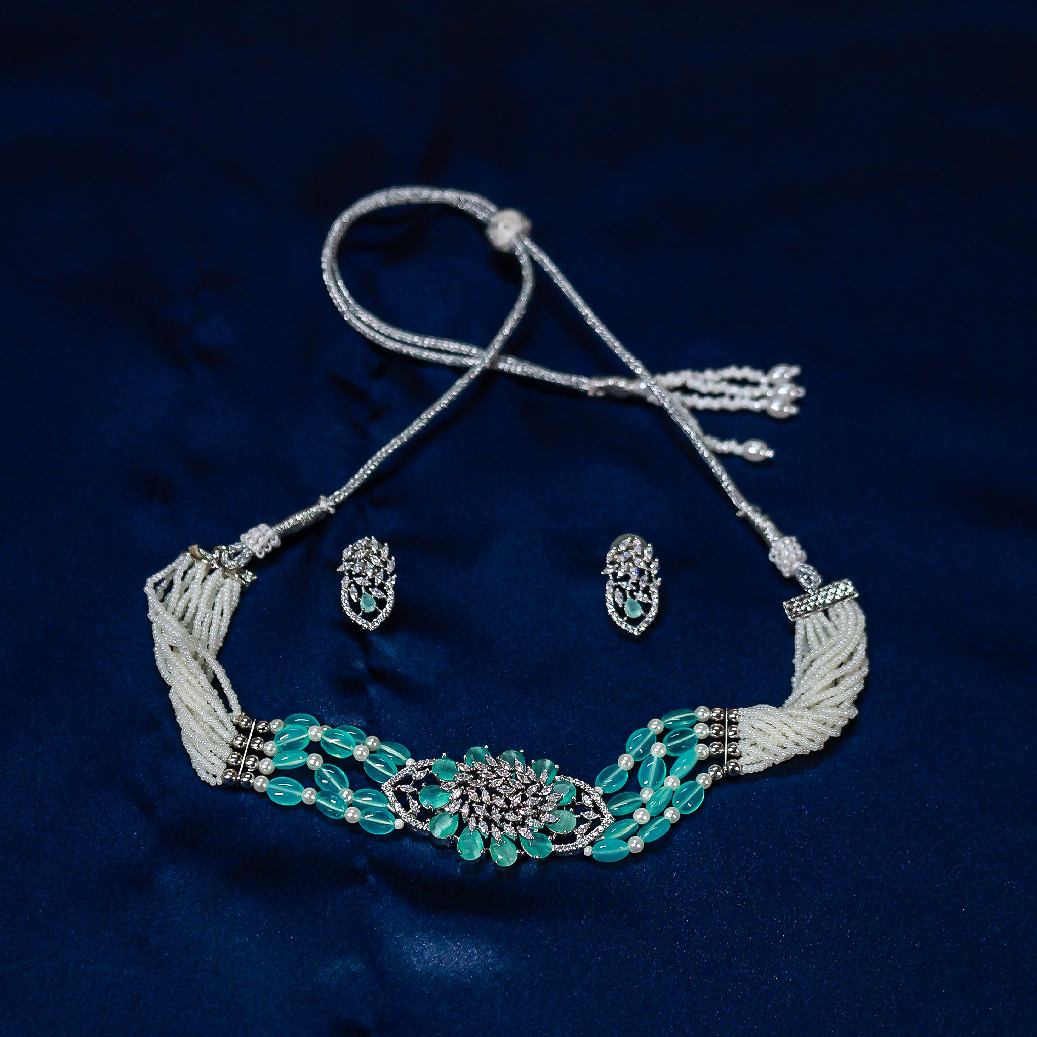 The Elegant Aqua Polki & Pearl Beaded Choker Set