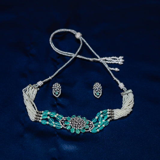 The Elegant Aqua Polki & Pearl Beaded Choker Set