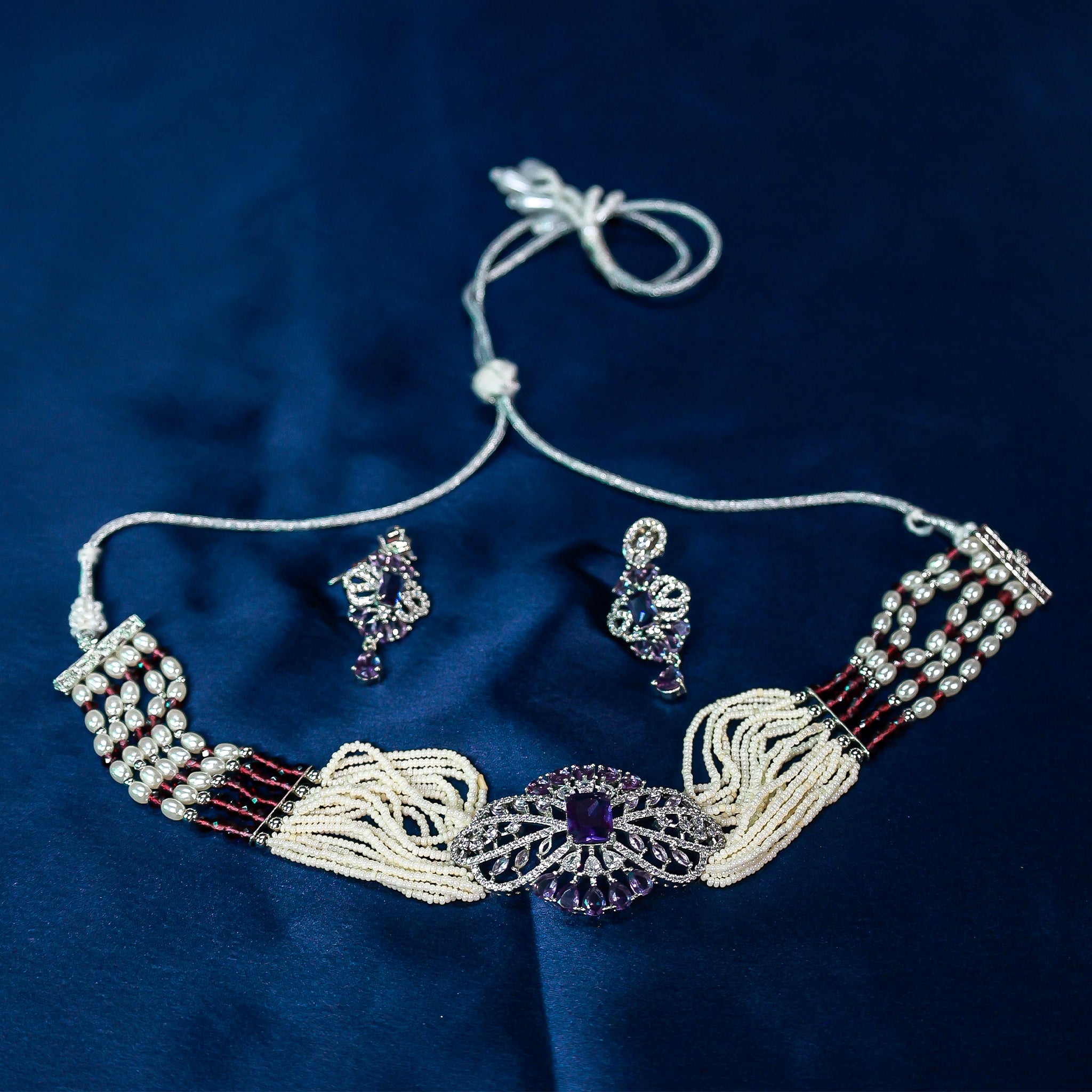 Regal Amethyst & Pearl Choker Necklace Set