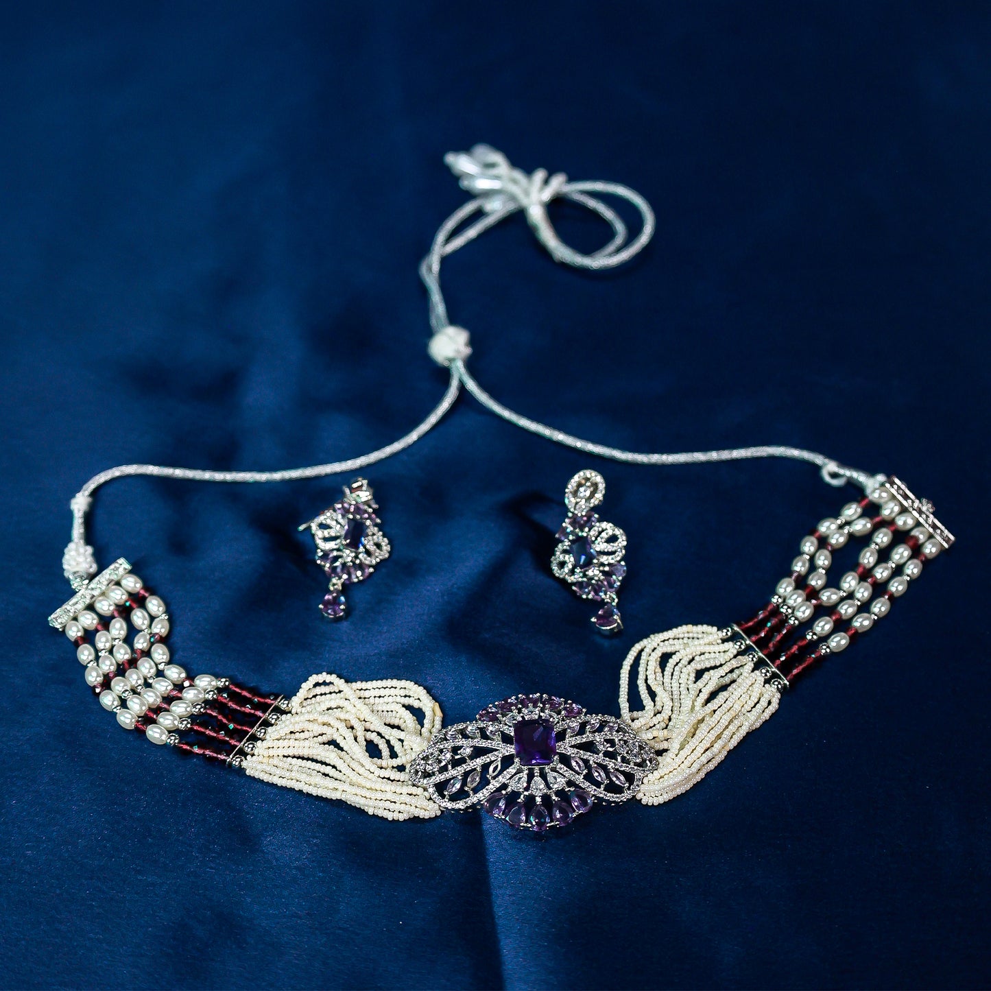 Regal Amethyst & Pearl Choker Necklace Set