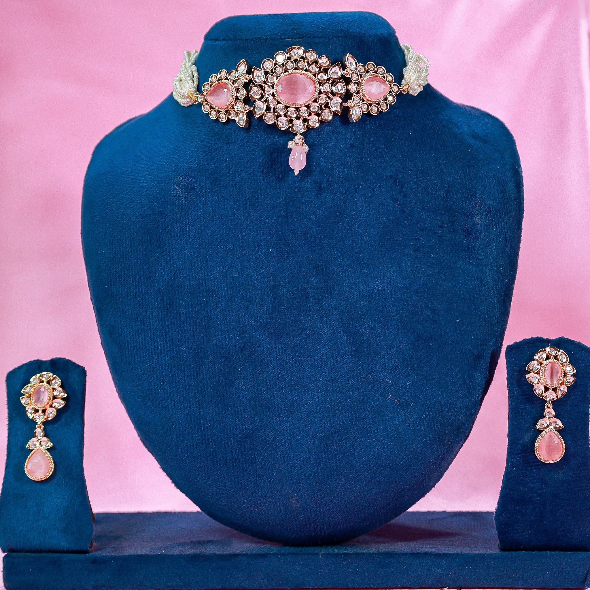 The Rose Quartz Oval Polki Choker Set