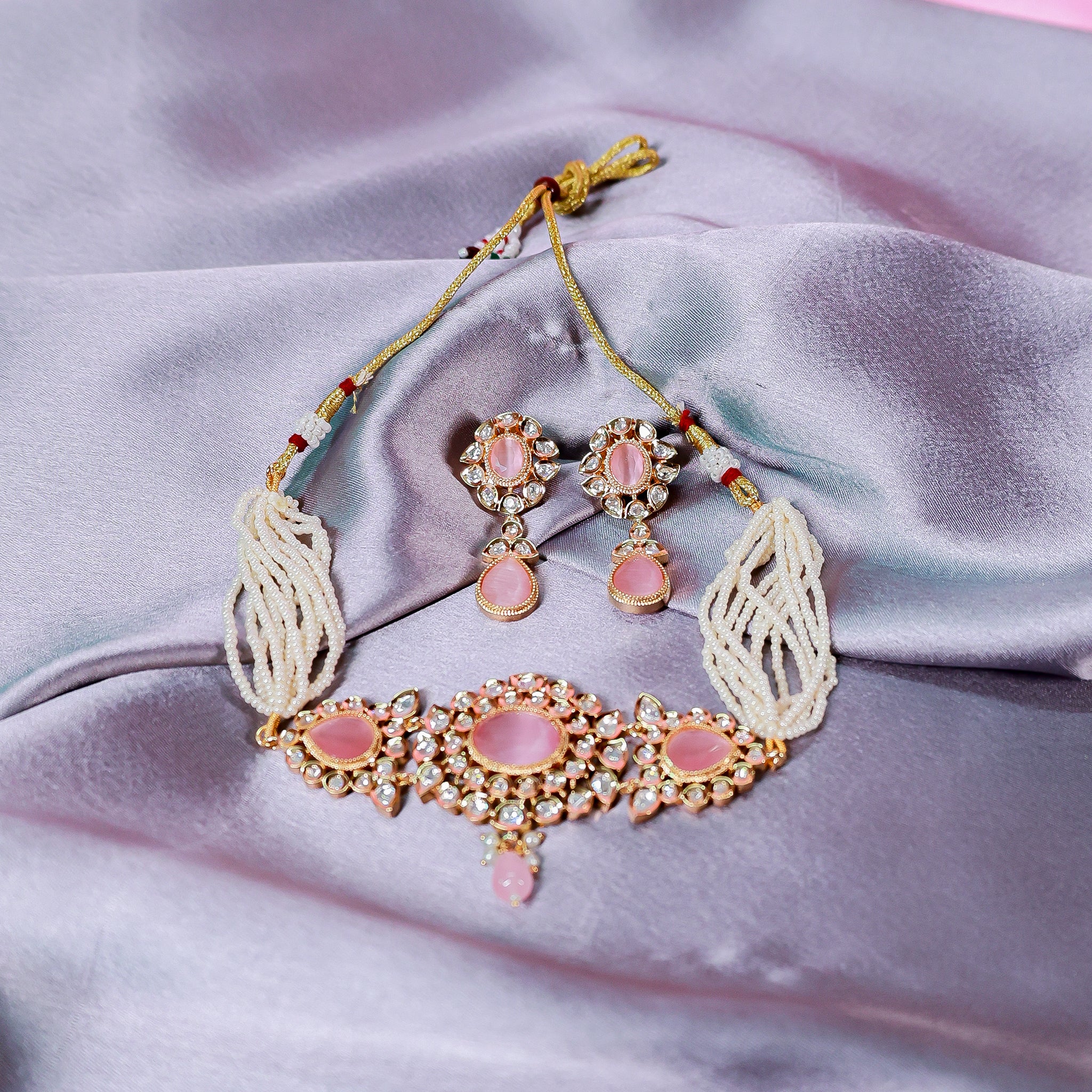 The Rose Quartz Oval Polki Choker Set