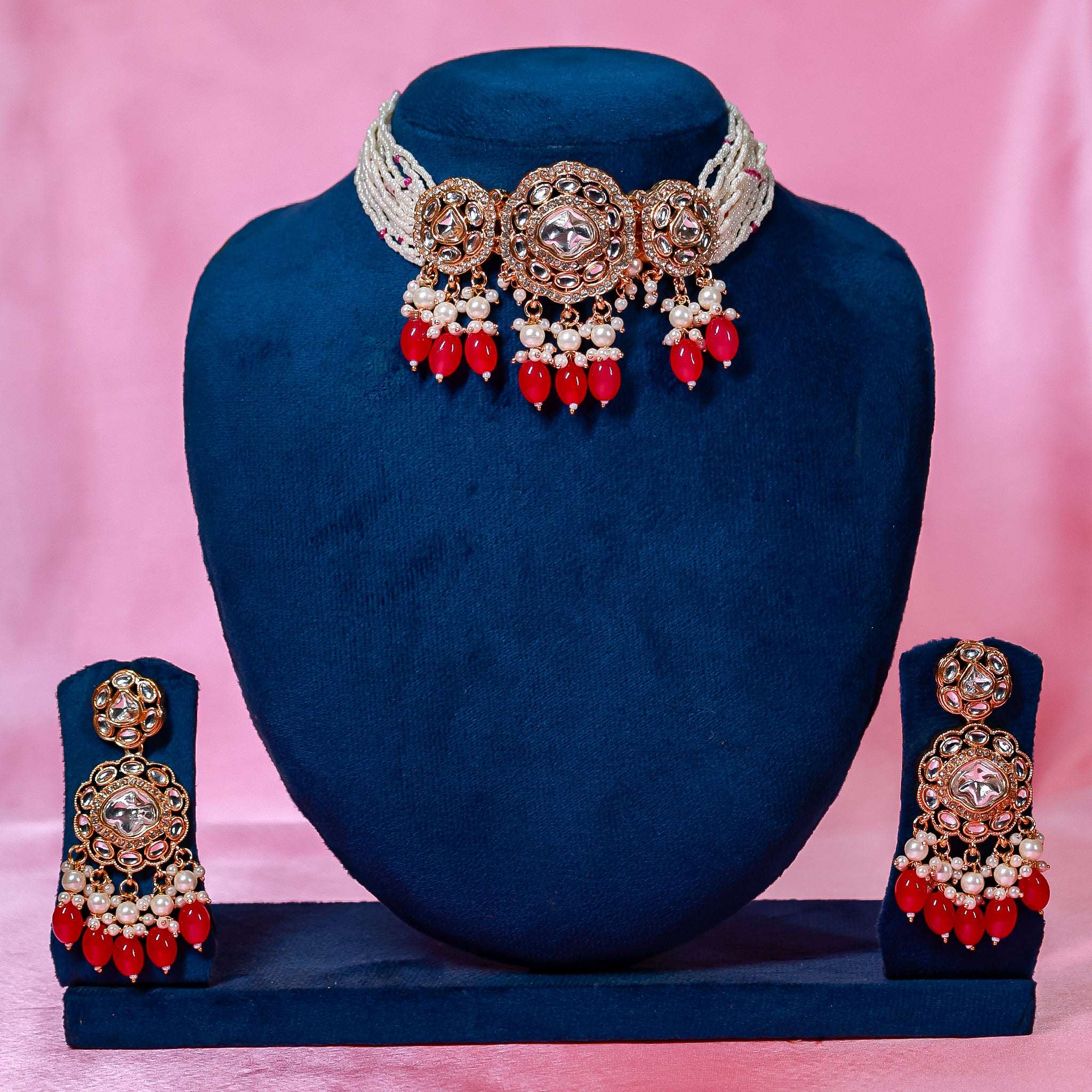 The Vibrant Magenta Droplet Polki Choker Set