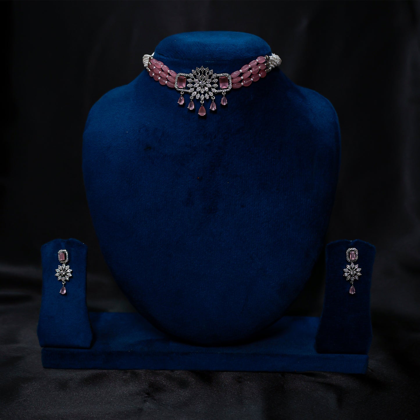 Elegant Pink Quartz Snowflake Choker Set