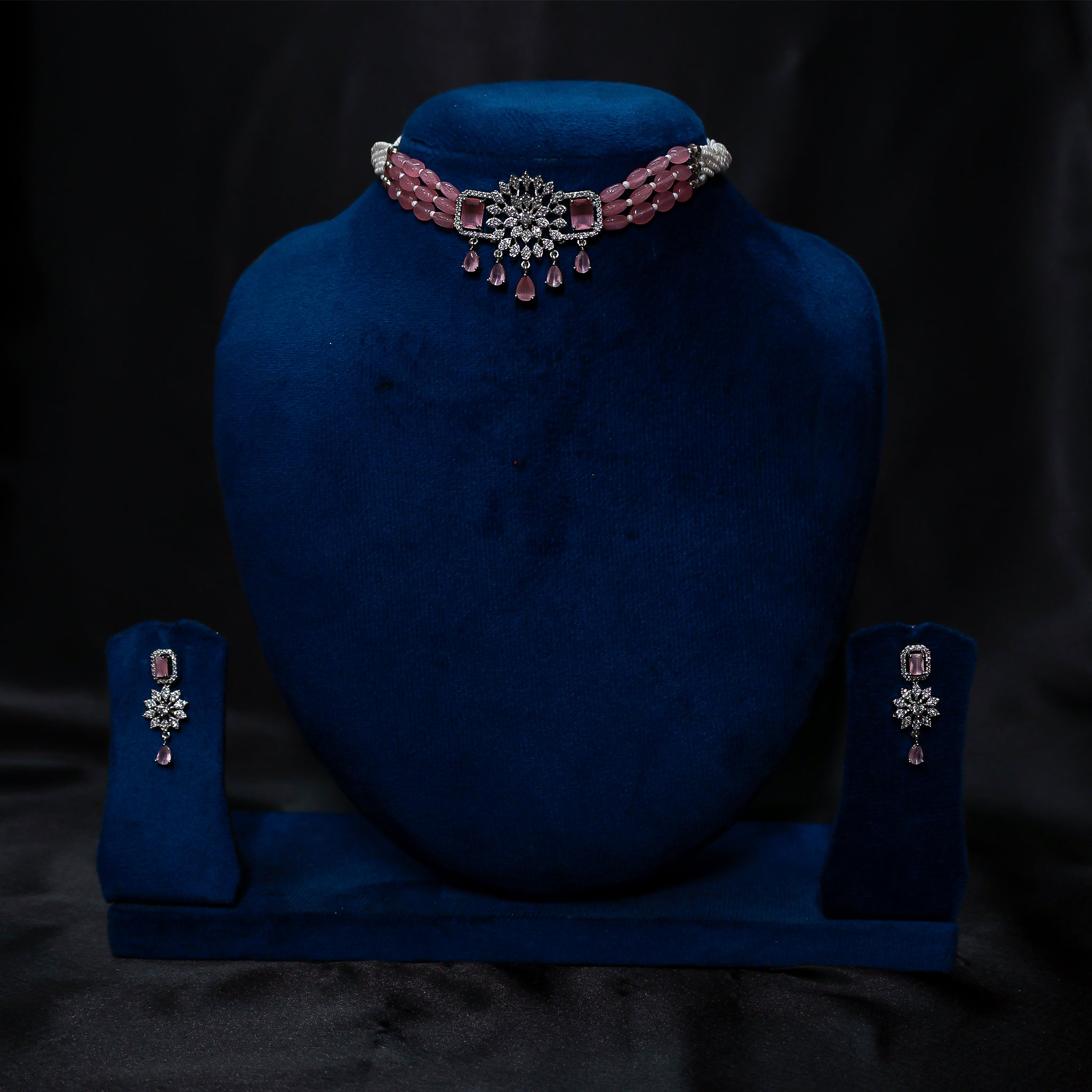 Elegant Pink Quartz Snowflake Choker Set