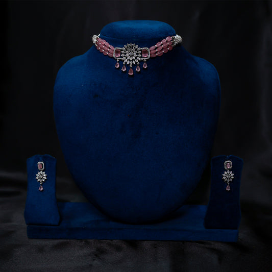Elegant Pink Quartz Snowflake Choker Set