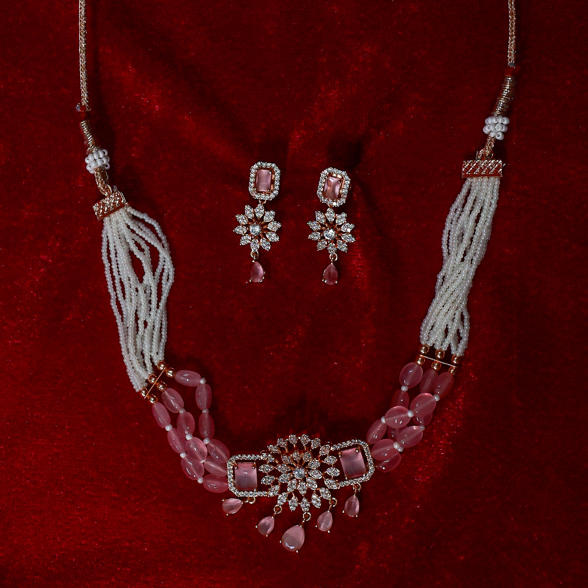 Elegant Pink Quartz Snowflake Choker Set