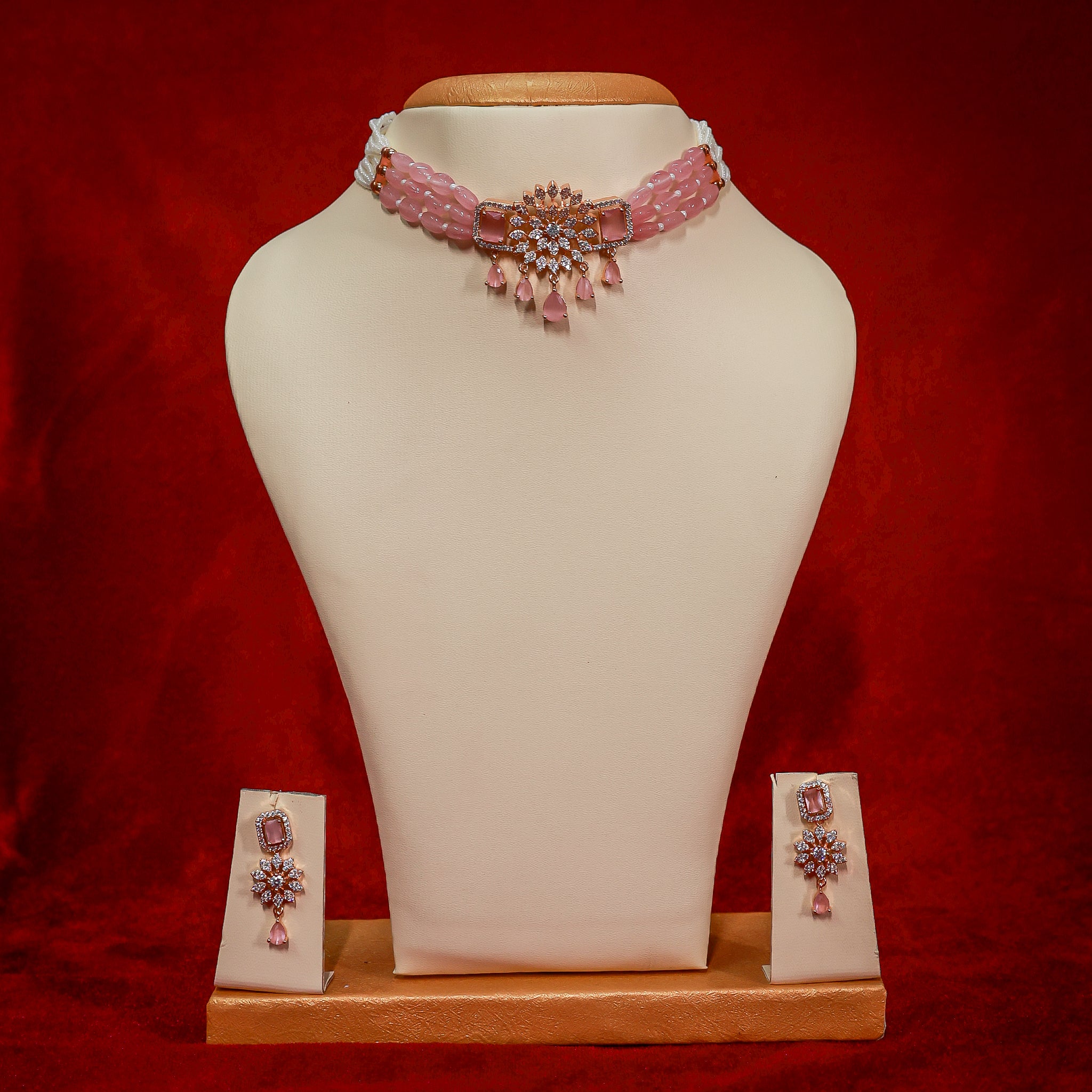 Elegant Pink Quartz Snowflake Choker Set