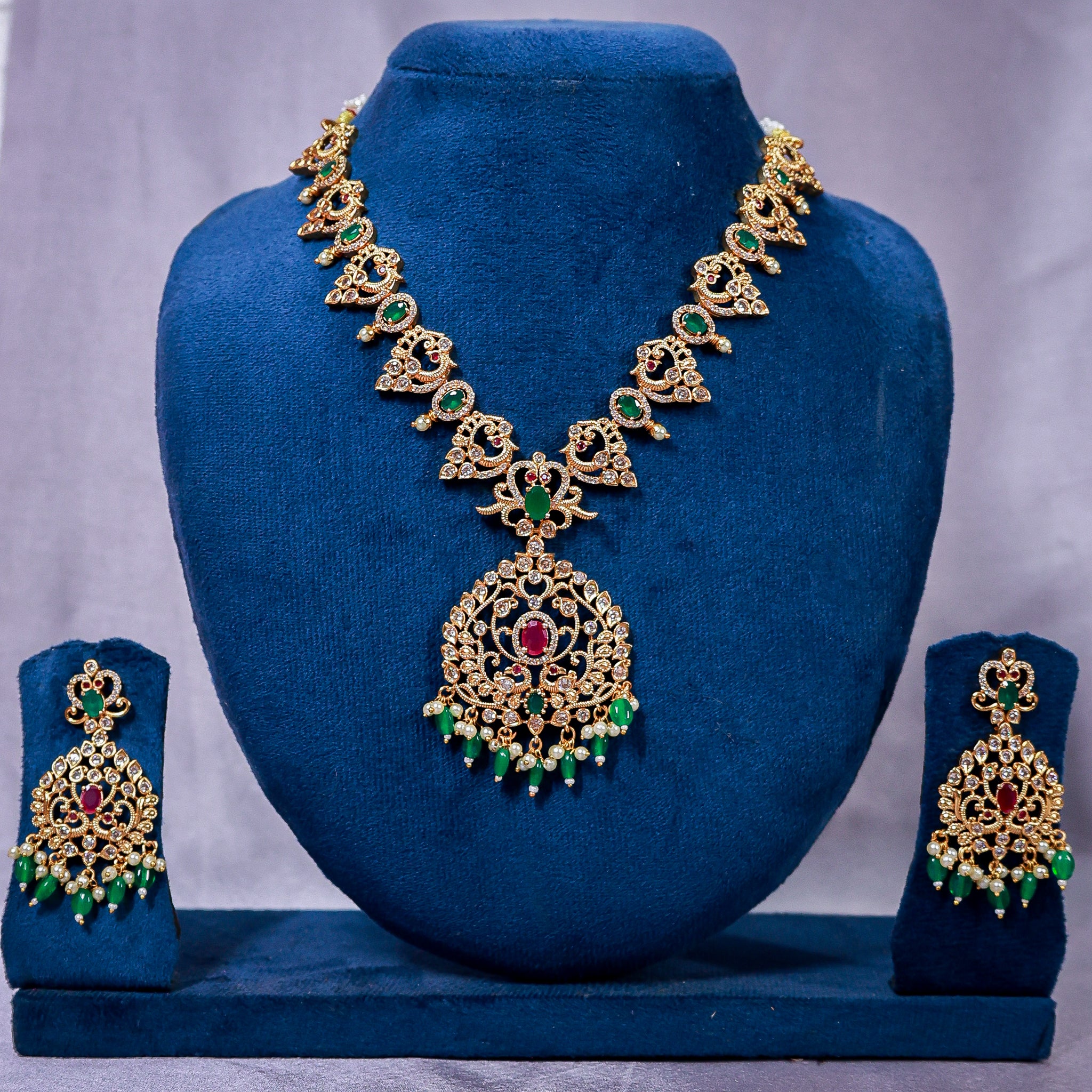Emerald and Ruby Mayura Necklace Set