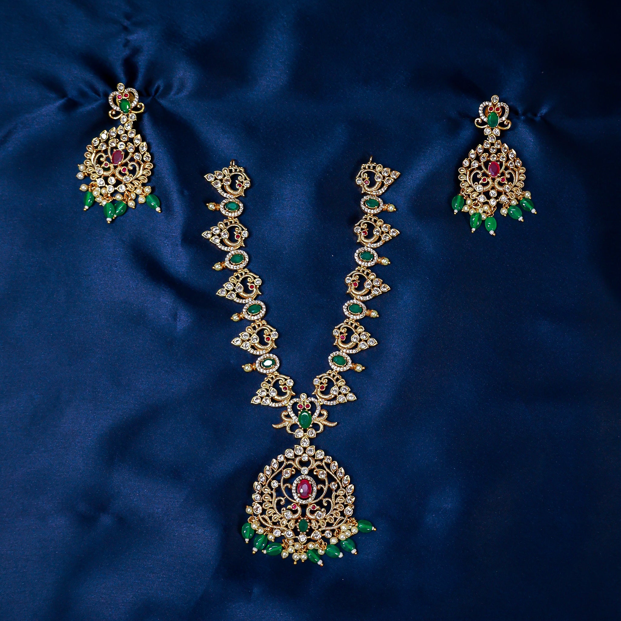 Emerald and Ruby Mayura Necklace Set