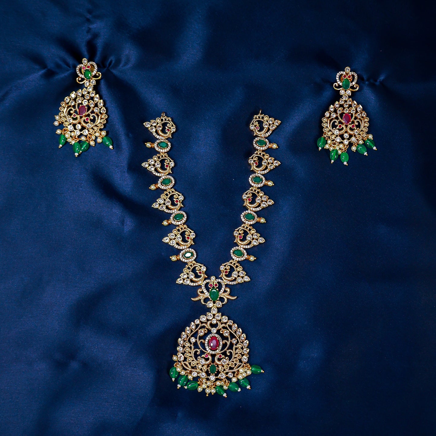 Emerald and Ruby Mayura Necklace Set