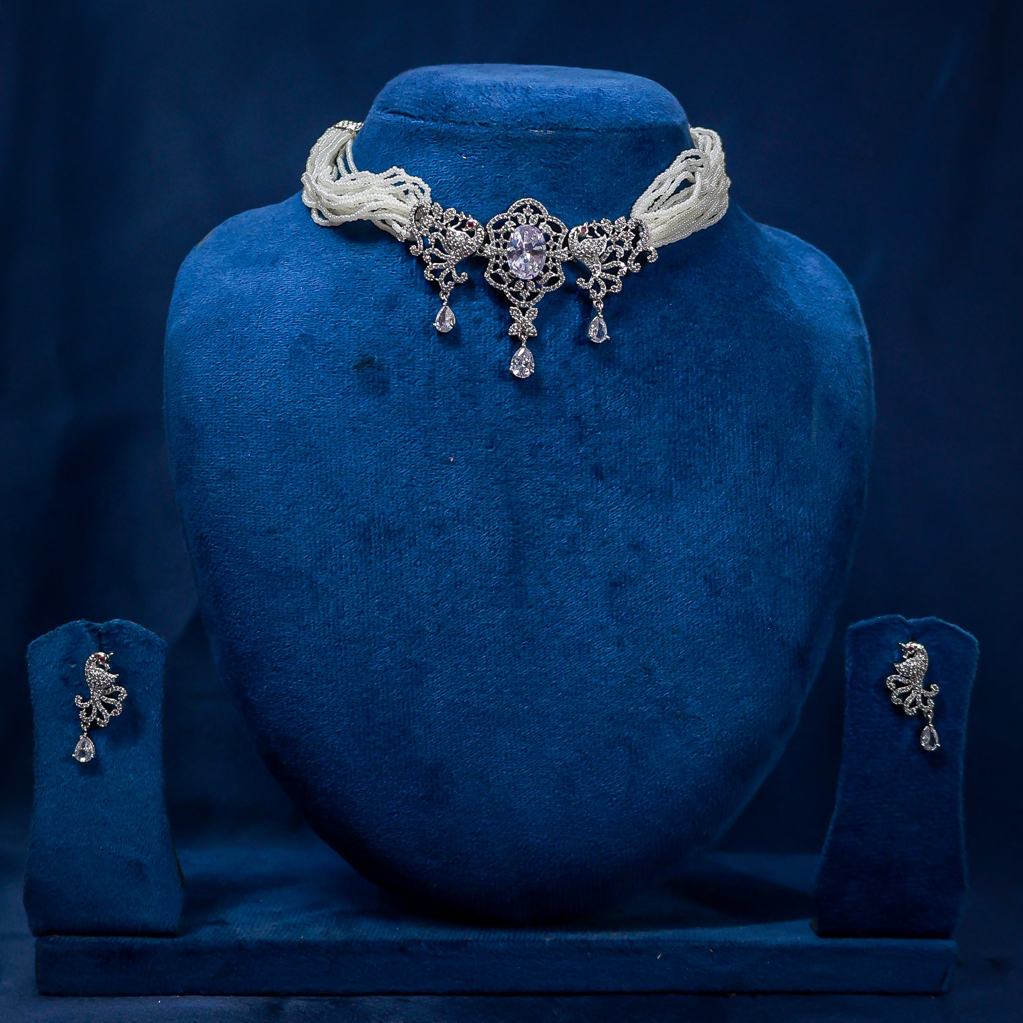 CZ & Pearl Peacock Choker Set