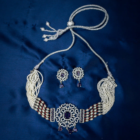 Regal Amethyst & Pearl Choker Necklace Set