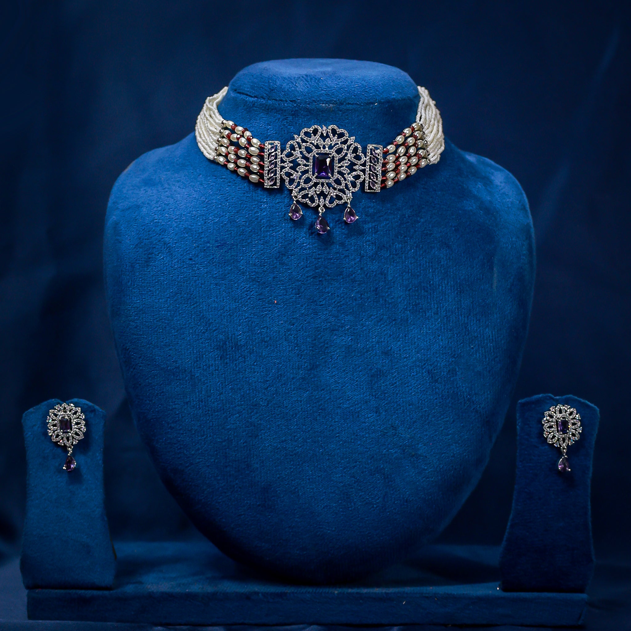 Regal Amethyst & Pearl Choker Necklace Set