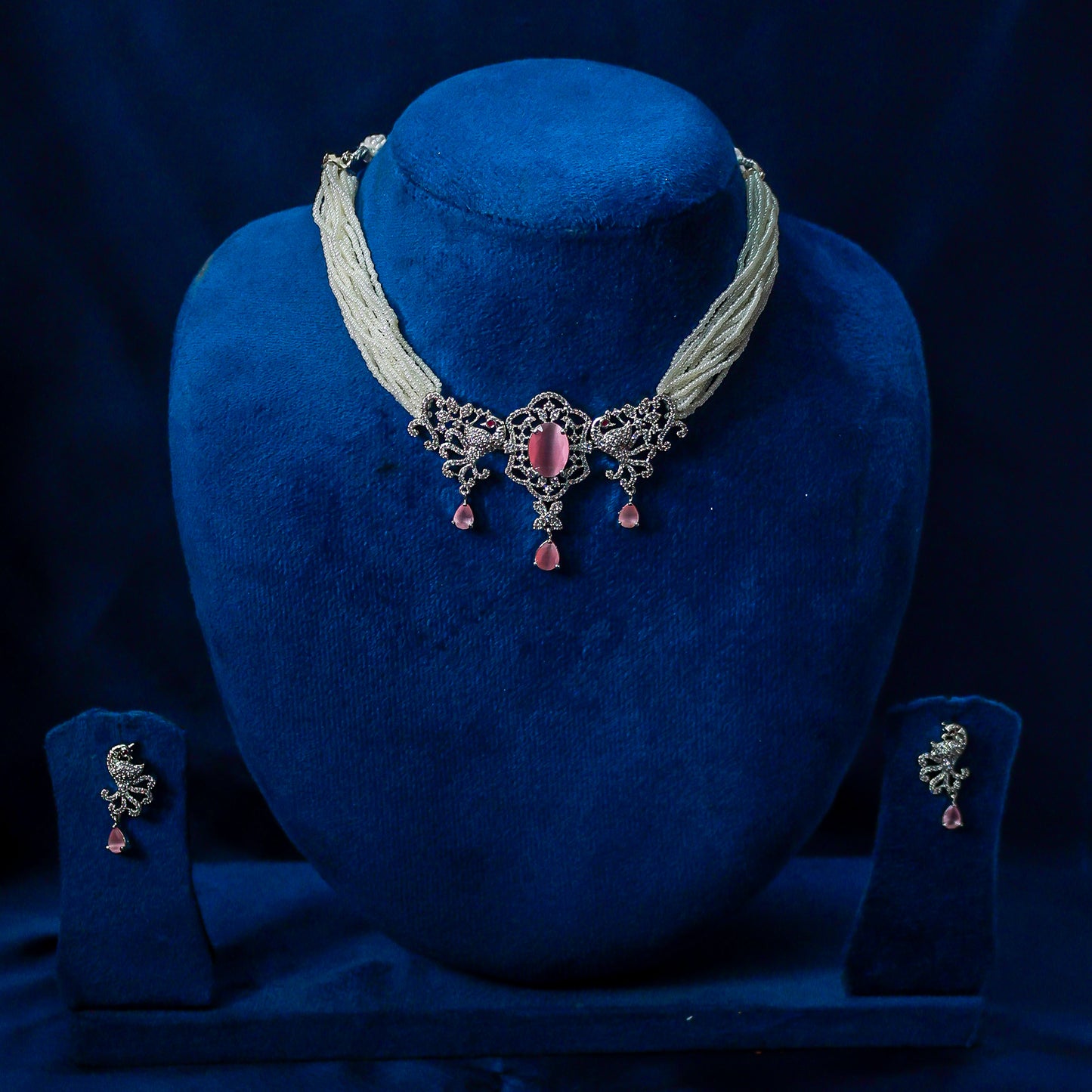 Elegant Pink Quartz Peacock Choker Set