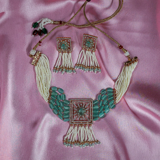 Mint/Teal Quartz-Tone Beaded Choker Necklace Set