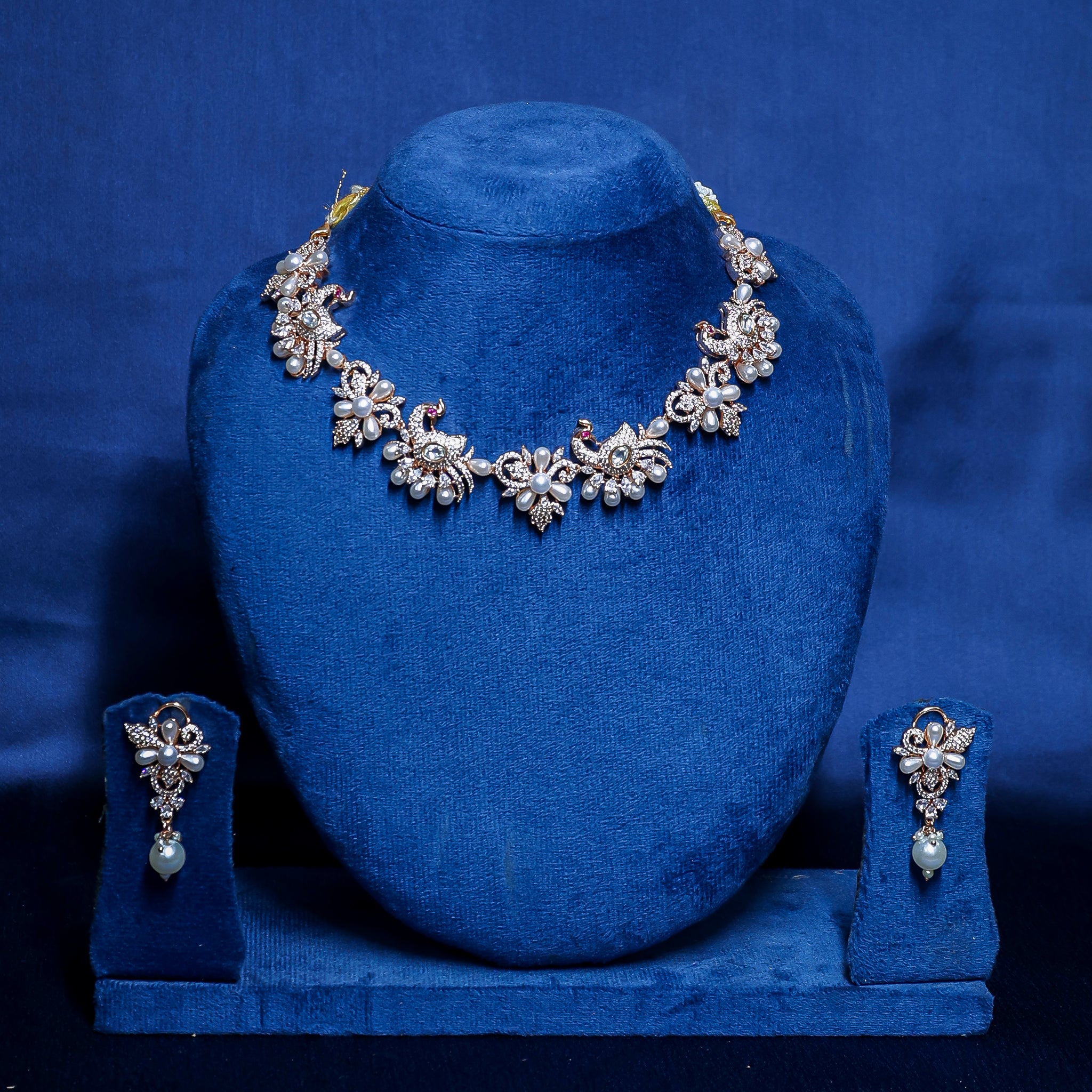 The Rose Gold Peacock & Pearl Floral Choker Set
