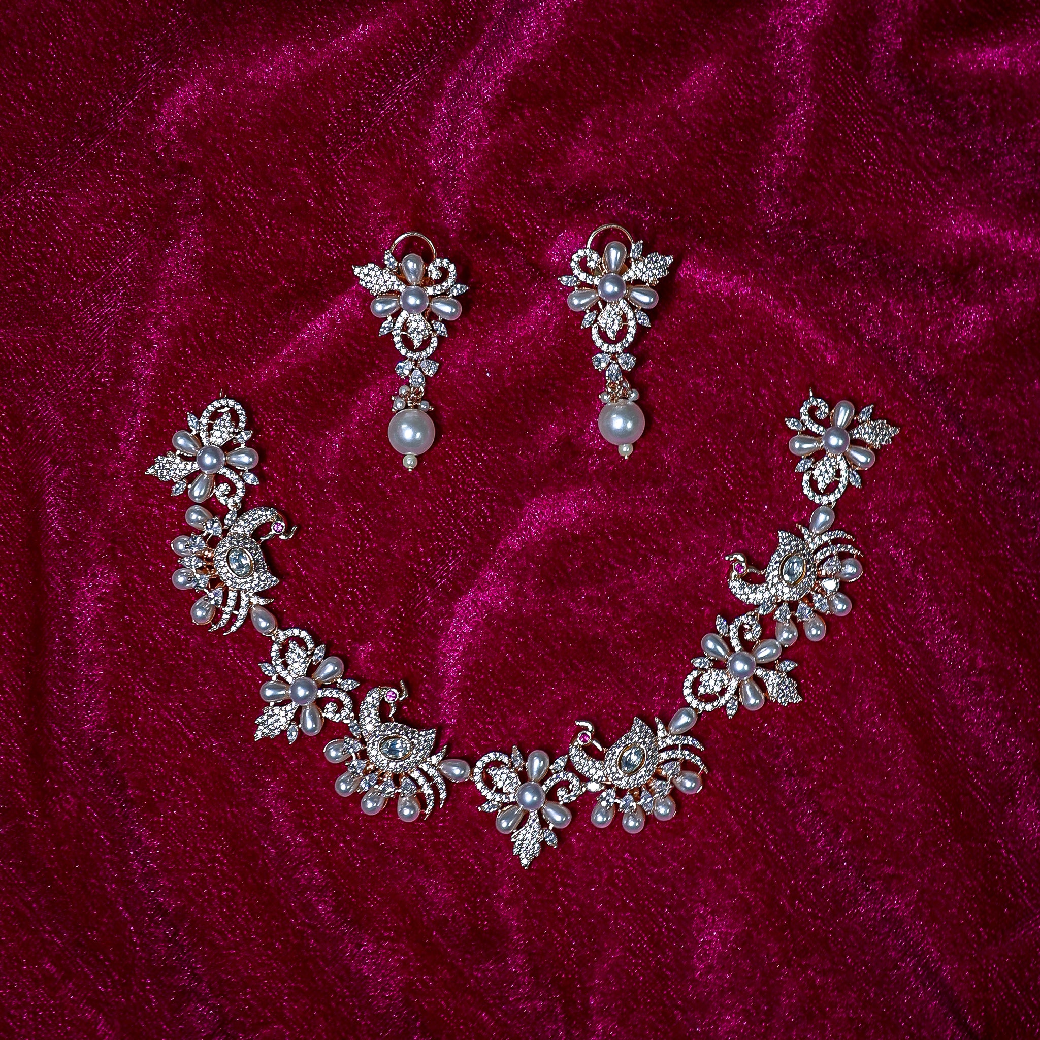 The Rose Gold Peacock & Pearl Floral Choker Set