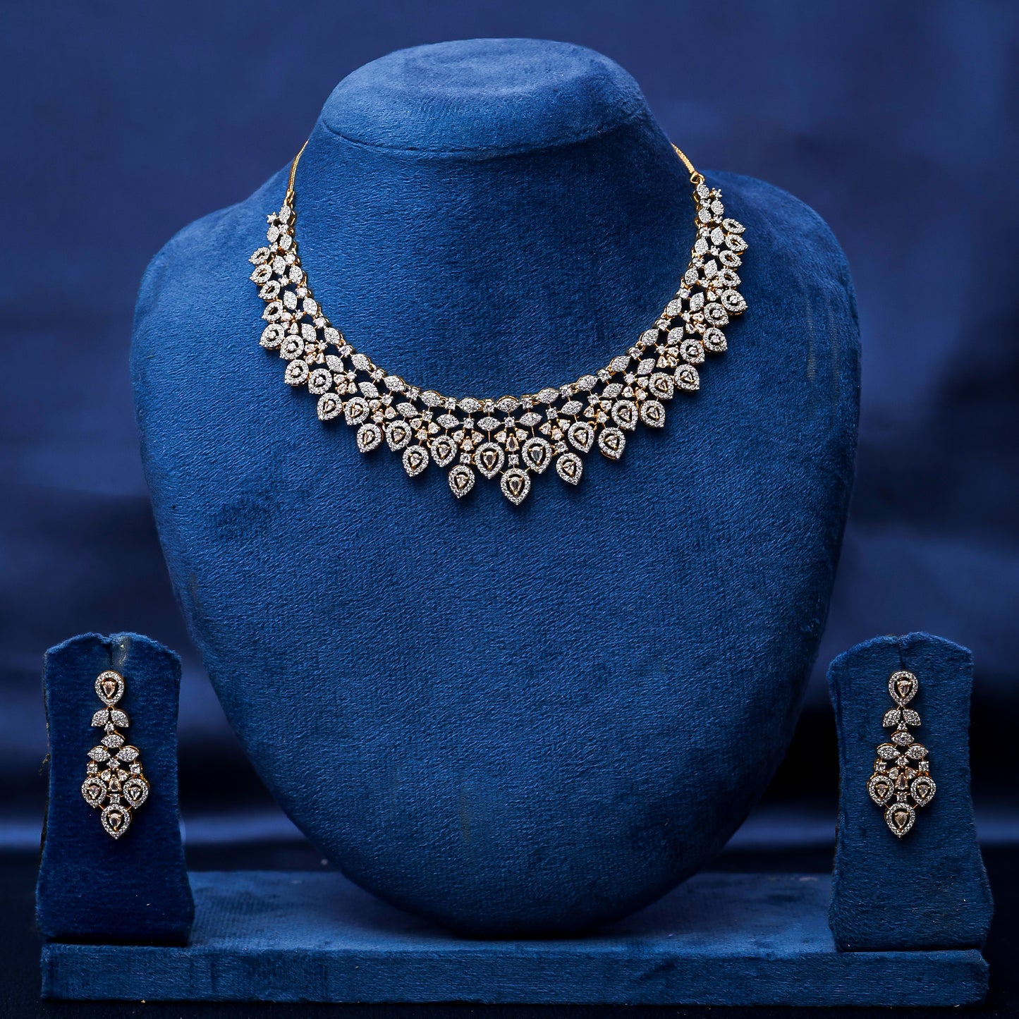 Bridal Pave CZ Petal Fringe Necklace Set (Two-Tone Finish)