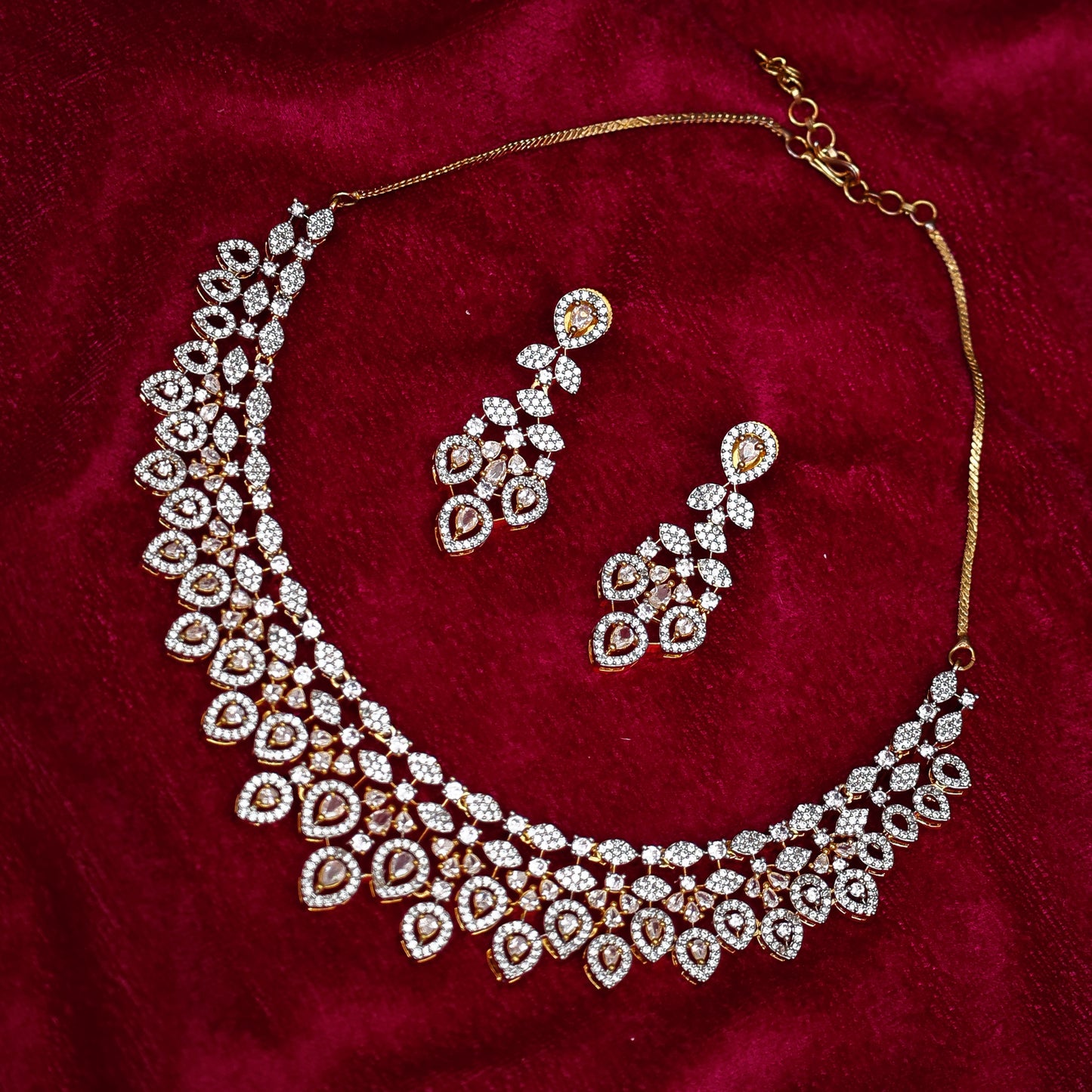 Bridal Pave CZ Petal Fringe Necklace Set (Two-Tone Finish)