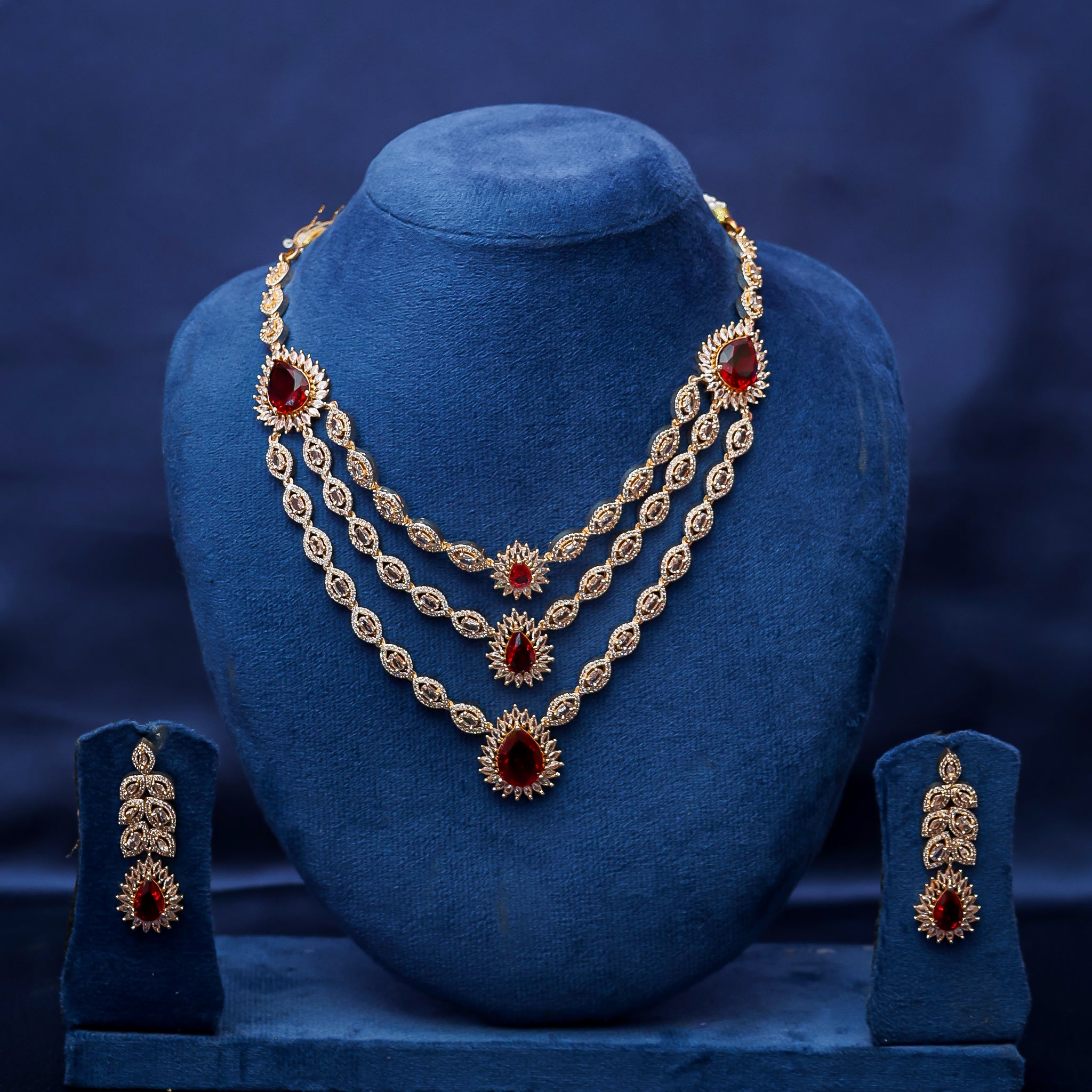 The Ruby Red Cascading Three-Layer Diamond Necklace Set