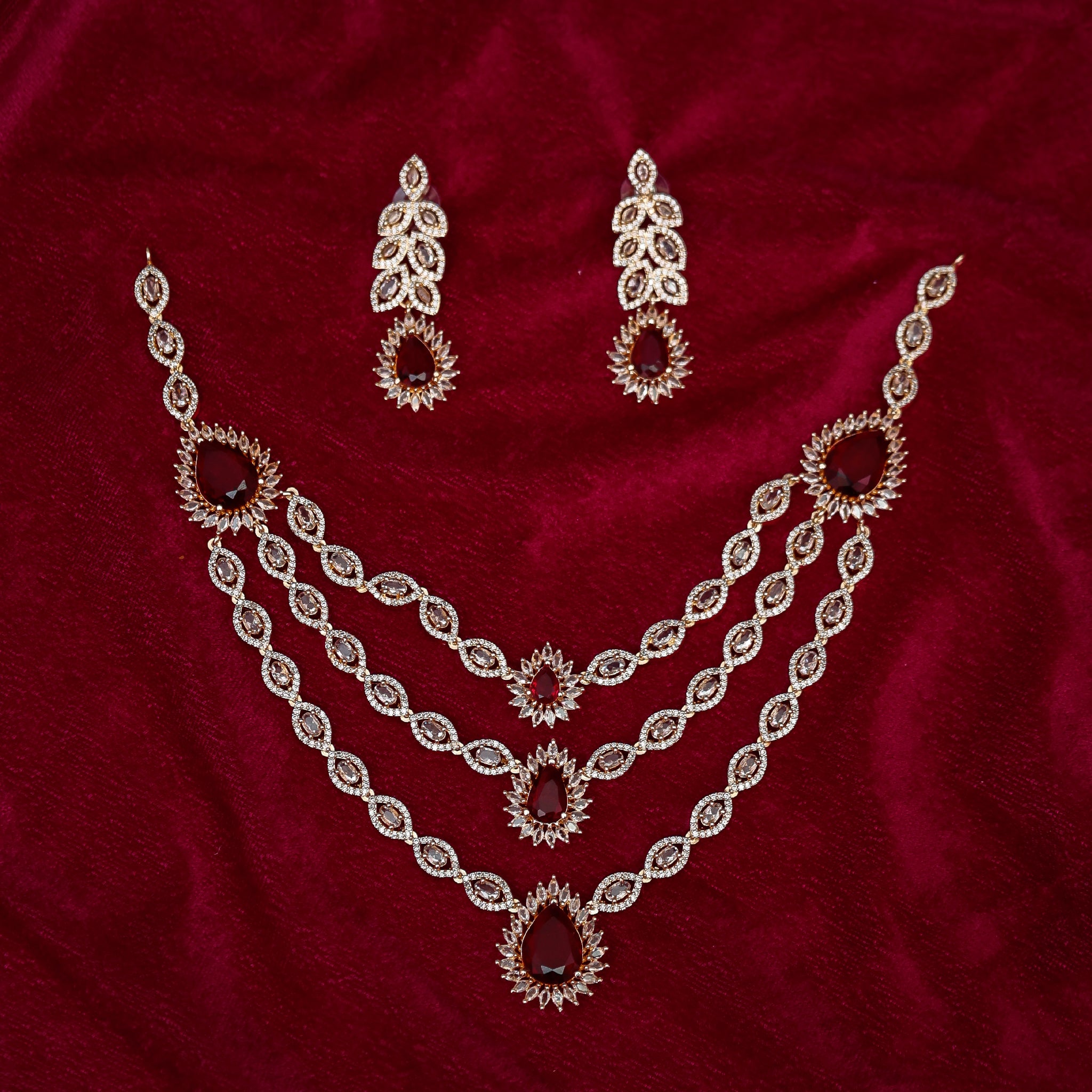 The Ruby Red Cascading Three-Layer Diamond Necklace Set