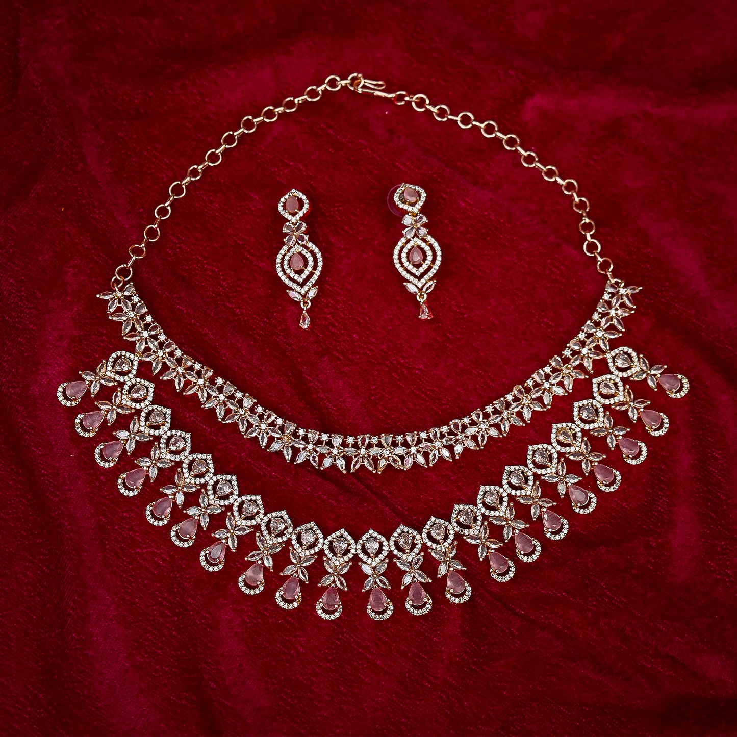 The Pink Teardrop Dual-Layer Diamond Look Choker Set